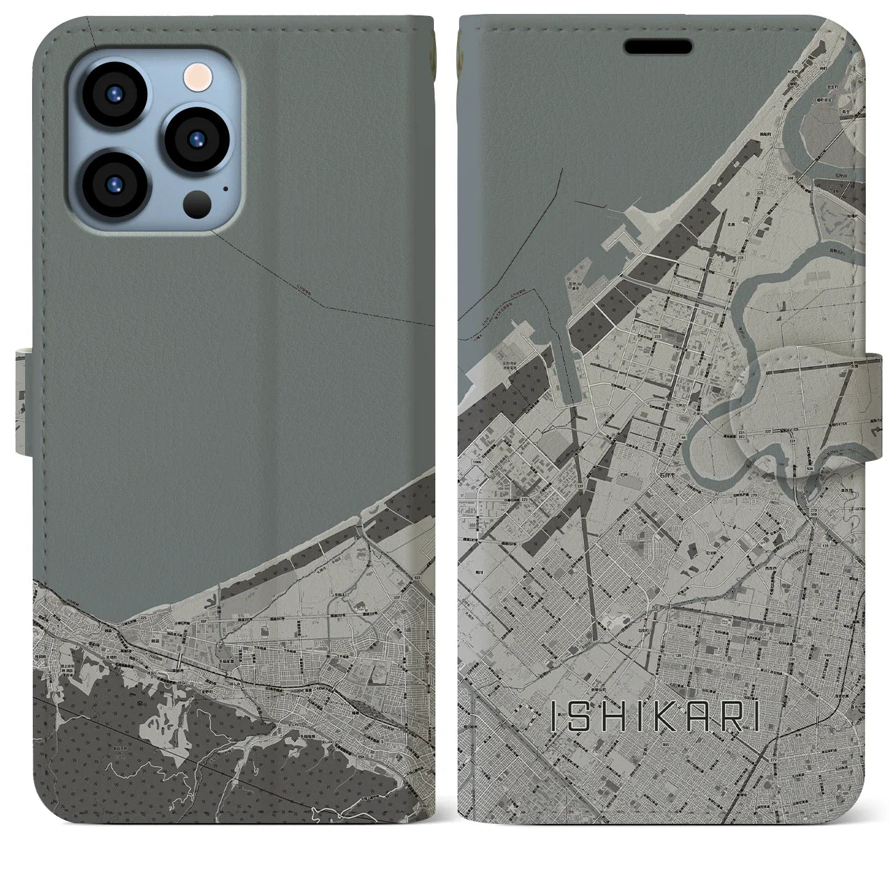 【石狩(北海道)】地図柄iPhoneケース(手帳タイプ)モノトーン・iPhone 13 Pro Max 用