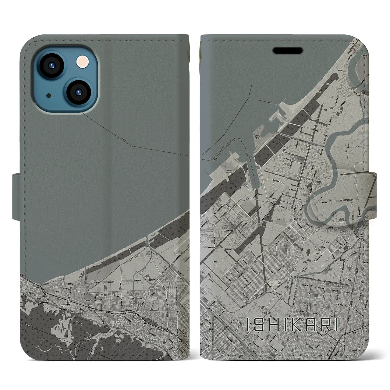 【石狩(北海道)】地図柄iPhoneケース(手帳タイプ)モノトーン・iPhone 13 用