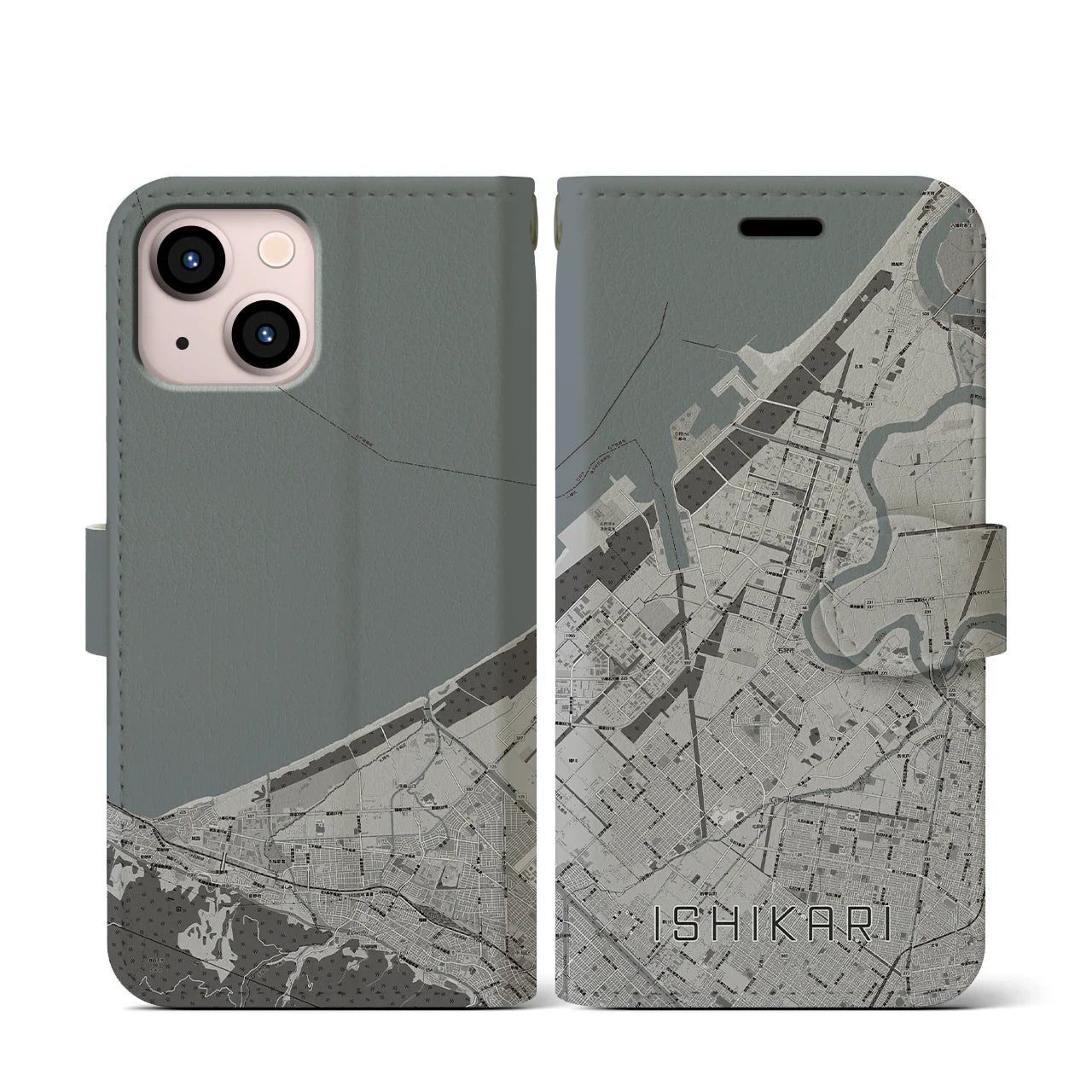 【石狩(北海道)】地図柄iPhoneケース(手帳タイプ)モノトーン・iPhone 13 mini 用