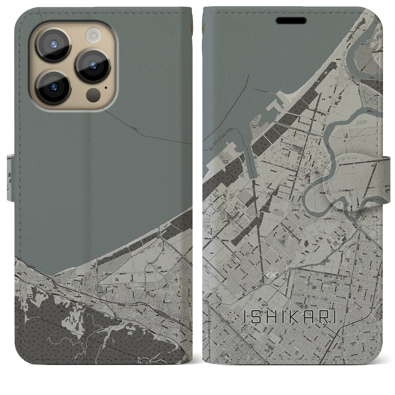 【石狩(北海道)】地図柄iPhoneケース(手帳タイプ)モノトーン・iPhone 14 Pro Max 用