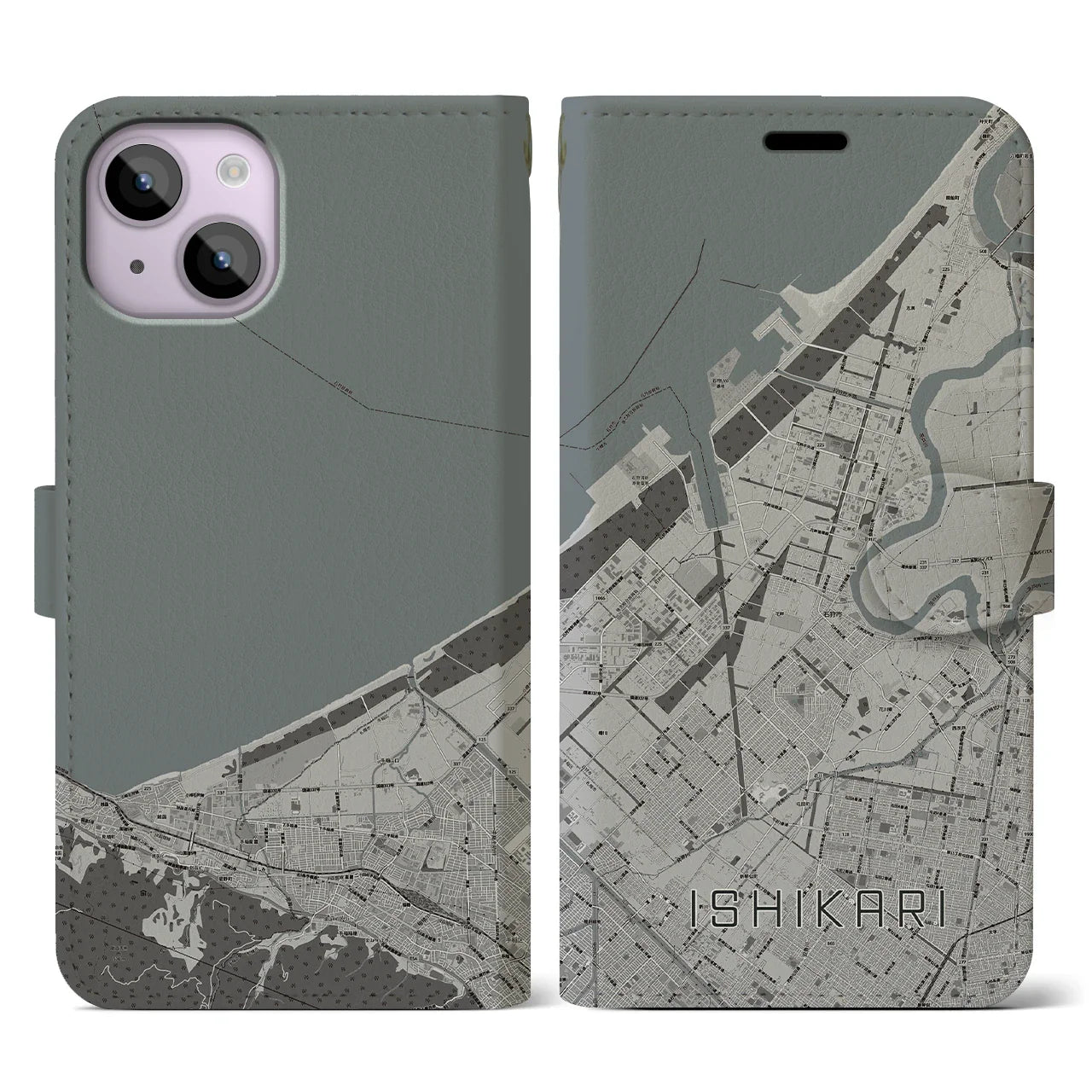 【石狩(北海道)】地図柄iPhoneケース(手帳タイプ)モノトーン・iPhone 14 用