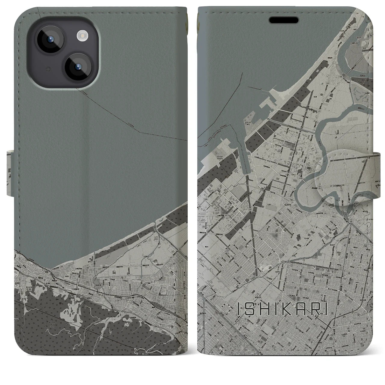 【石狩(北海道)】地図柄iPhoneケース(手帳タイプ)モノトーン・iPhone 14 Plus 用