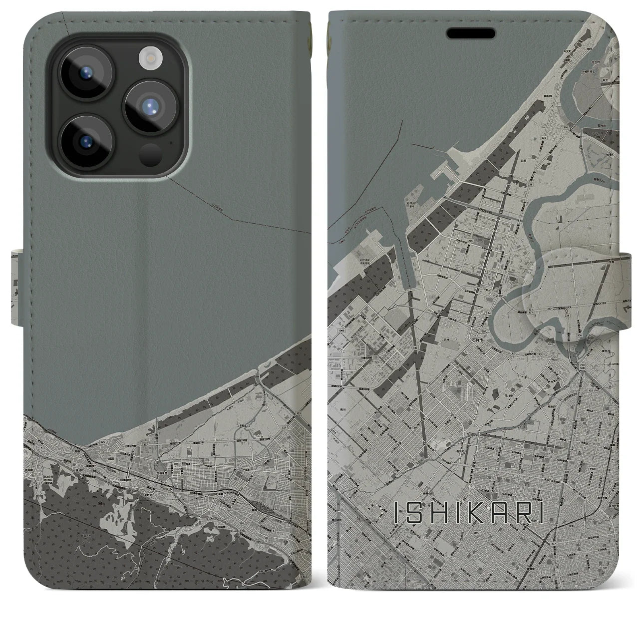 【石狩(北海道)】地図柄iPhoneケース(手帳タイプ)モノトーン・iPhone 15 Pro Max 用