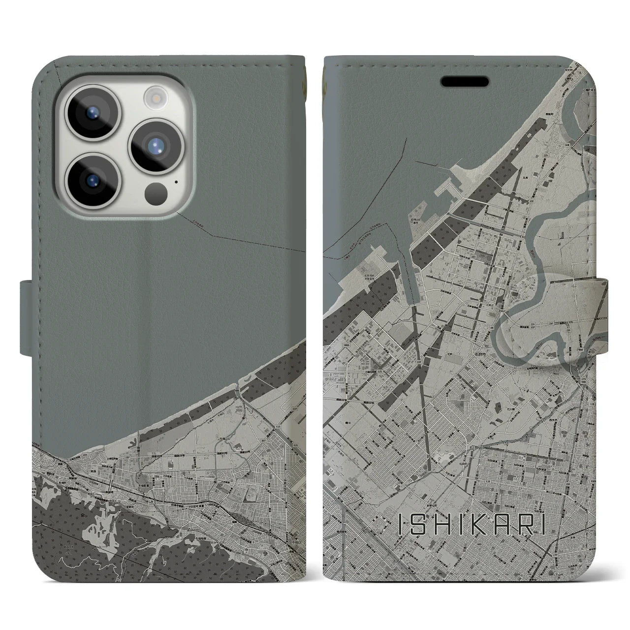 【石狩(北海道)】地図柄iPhoneケース(手帳タイプ)モノトーン・iPhone 15 Pro 用