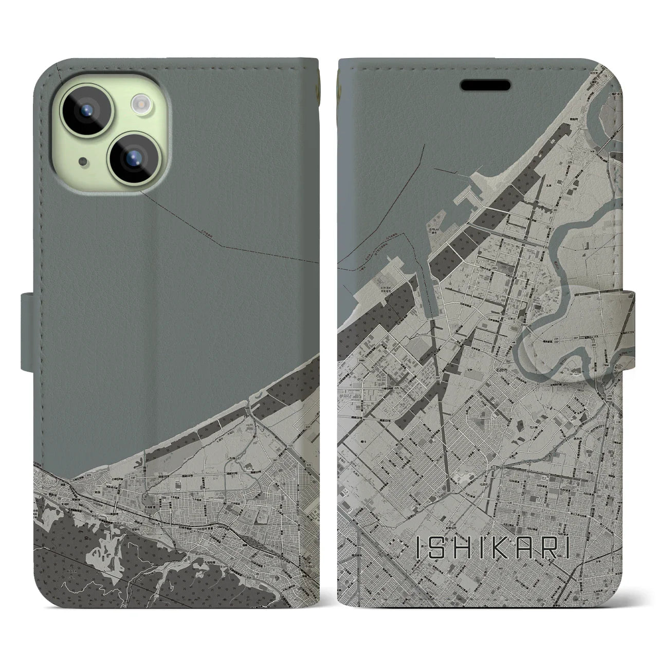 【石狩(北海道)】地図柄iPhoneケース(手帳タイプ)モノトーン・iPhone 15 用