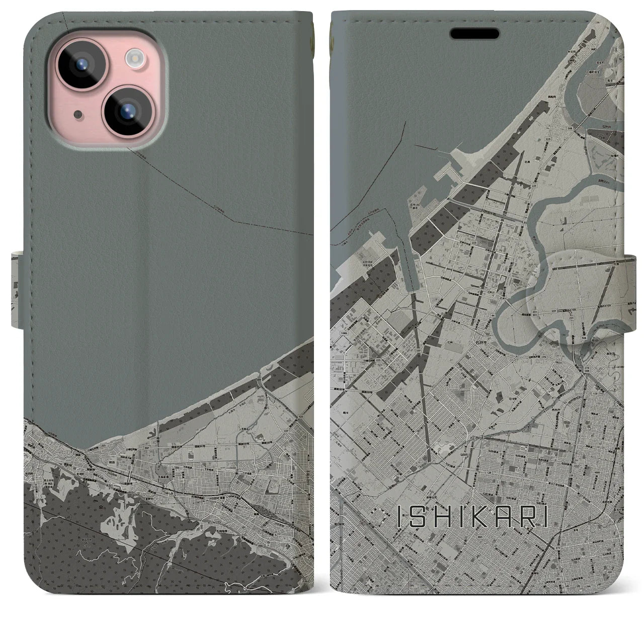 【石狩(北海道)】地図柄iPhoneケース(手帳タイプ)モノトーン・iPhone 15 Plus 用