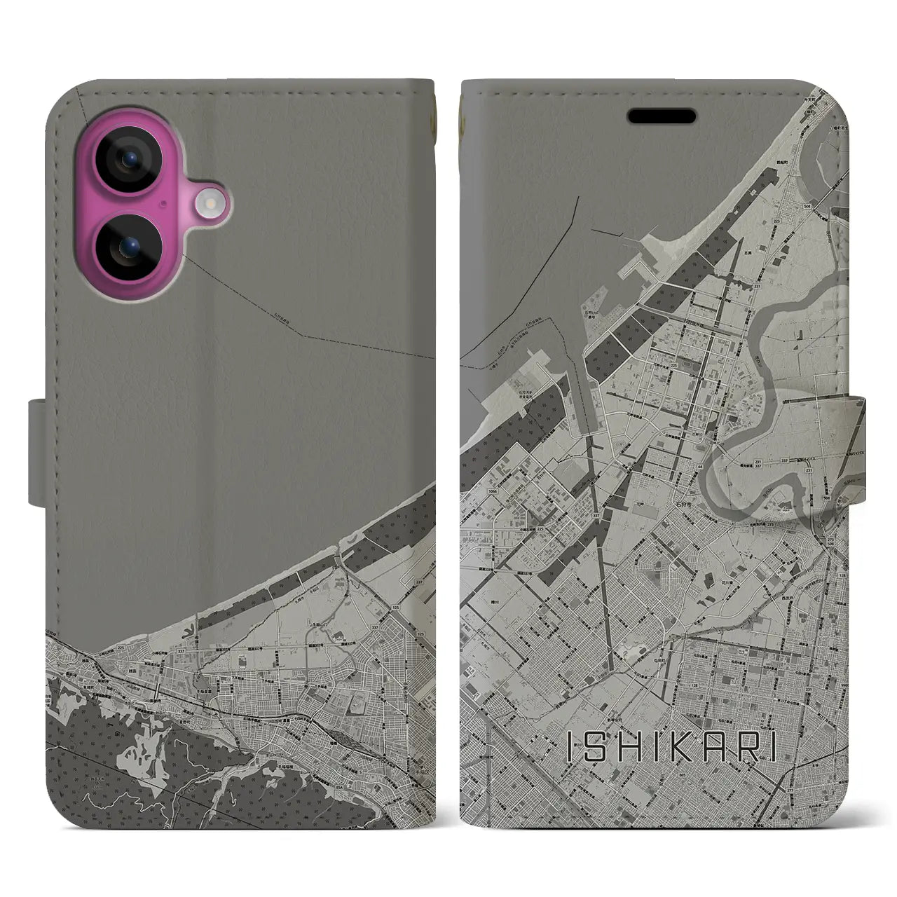 【石狩(北海道)】地図柄iPhoneケース(手帳タイプ)モノトーン・iPhone 16 Pro 用