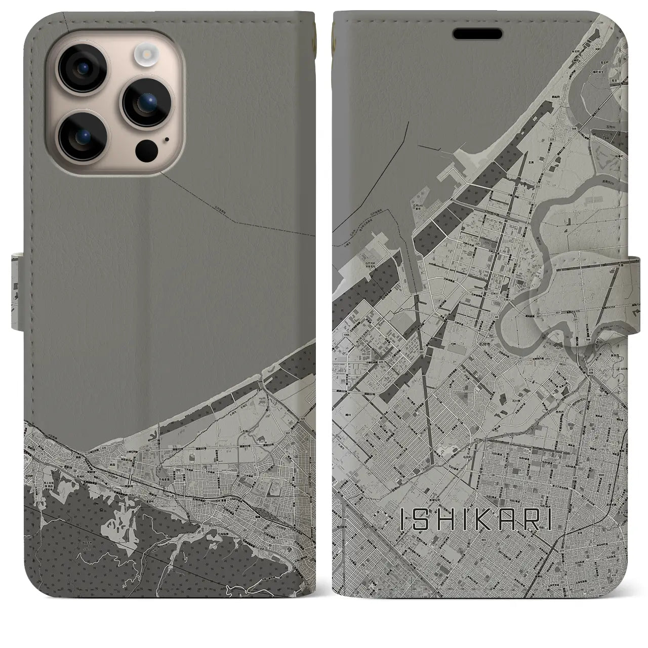 【石狩(北海道)】地図柄iPhoneケース(手帳タイプ)モノトーン・iPhone 16 Plus 用