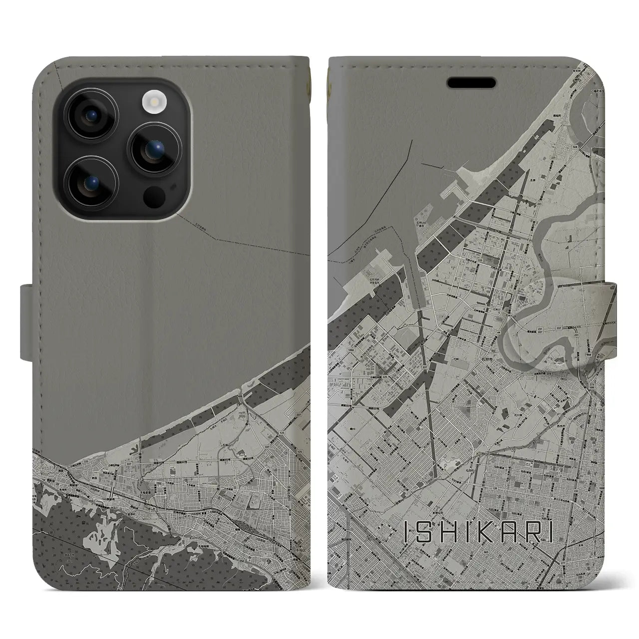 【石狩(北海道)】地図柄iPhoneケース(手帳タイプ)モノトーン・iPhone 16 用