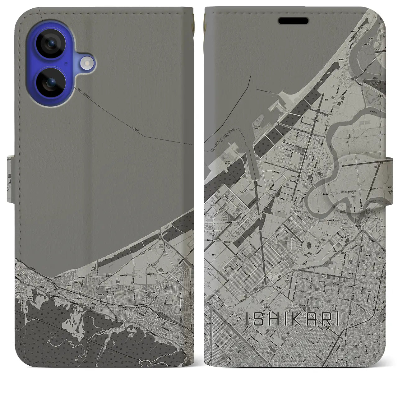 【石狩(北海道)】地図柄iPhoneケース(手帳タイプ)モノトーン・iPhone 16 Pro Max 用