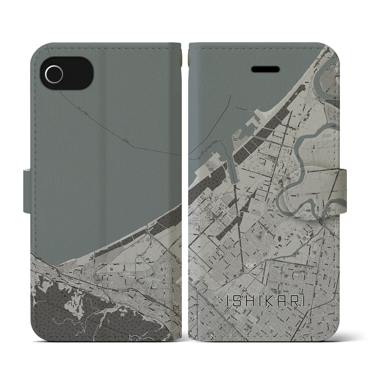 【石狩(北海道)】地図柄iPhoneケース(手帳タイプ)モノトーン・iPhone SE(第3 / 第2世代) / 8 / 7 / 6s / 6 用