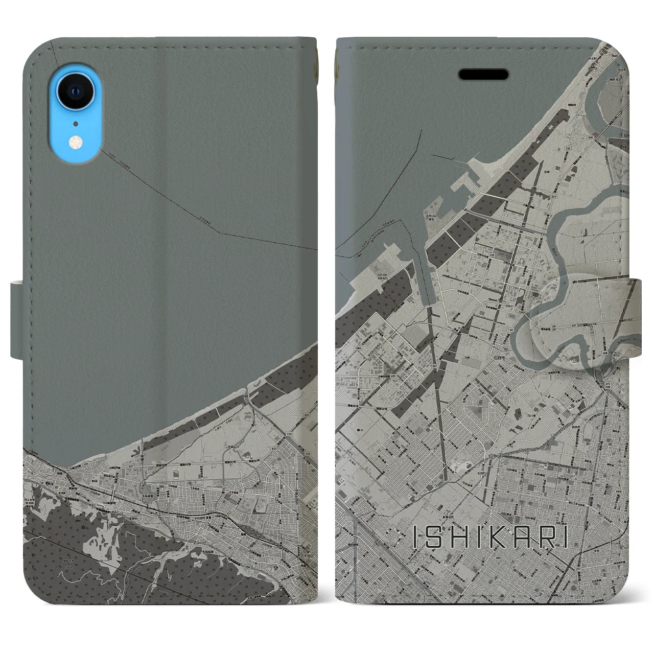 【石狩(北海道)】地図柄iPhoneケース(手帳タイプ)モノトーン・iPhone XR 用