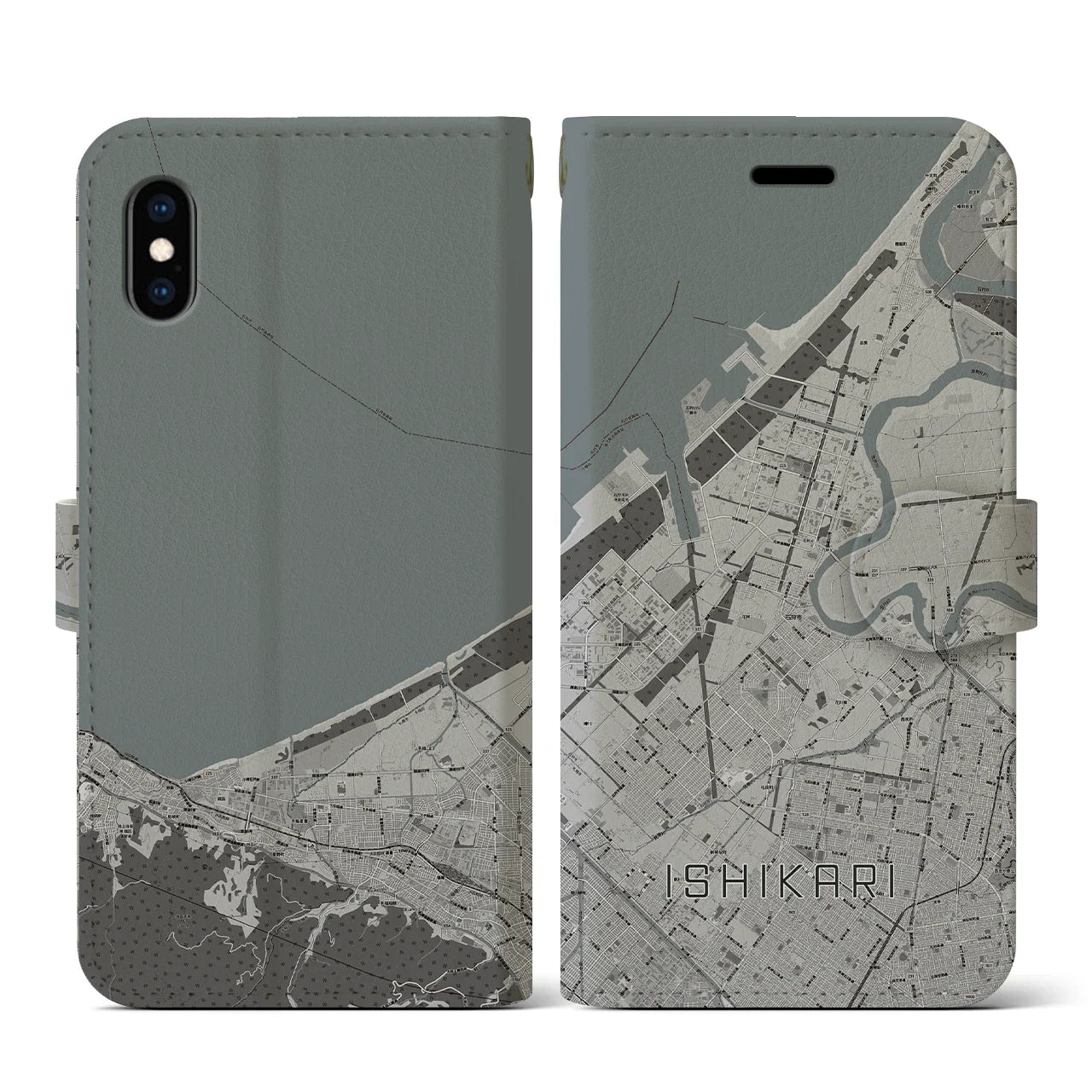 【石狩(北海道)】地図柄iPhoneケース(手帳タイプ)モノトーン・iPhone XS / X 用