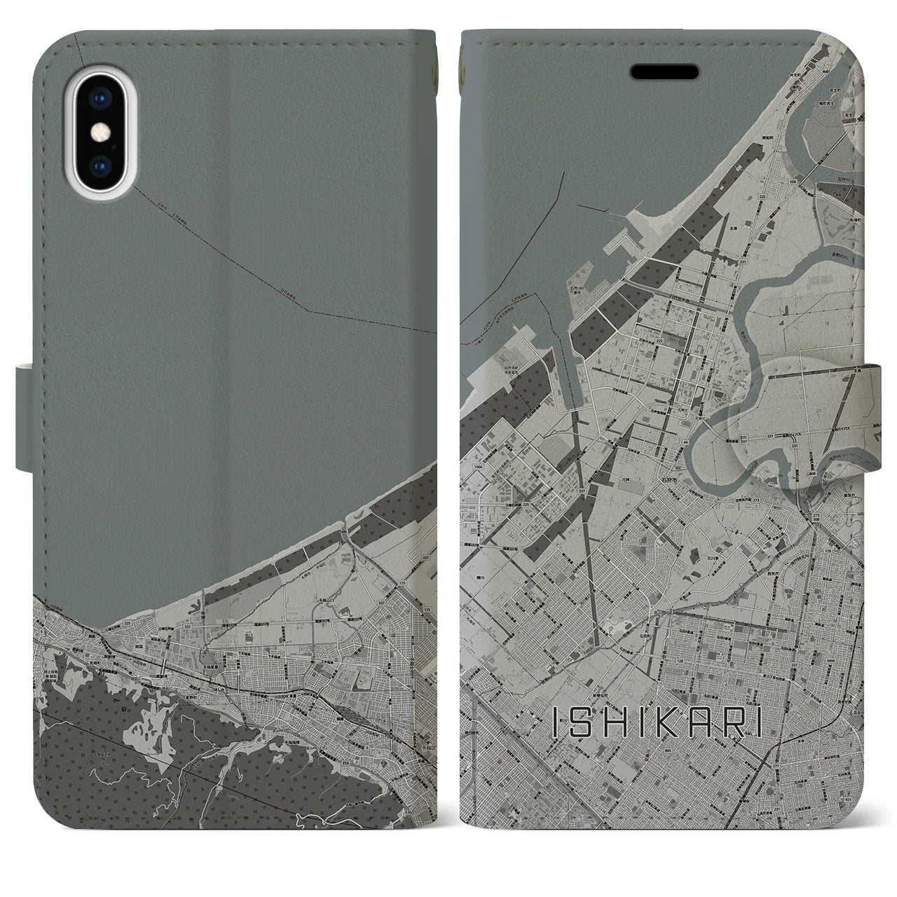 【石狩(北海道)】地図柄iPhoneケース(手帳タイプ)モノトーン・iPhone XS Max 用