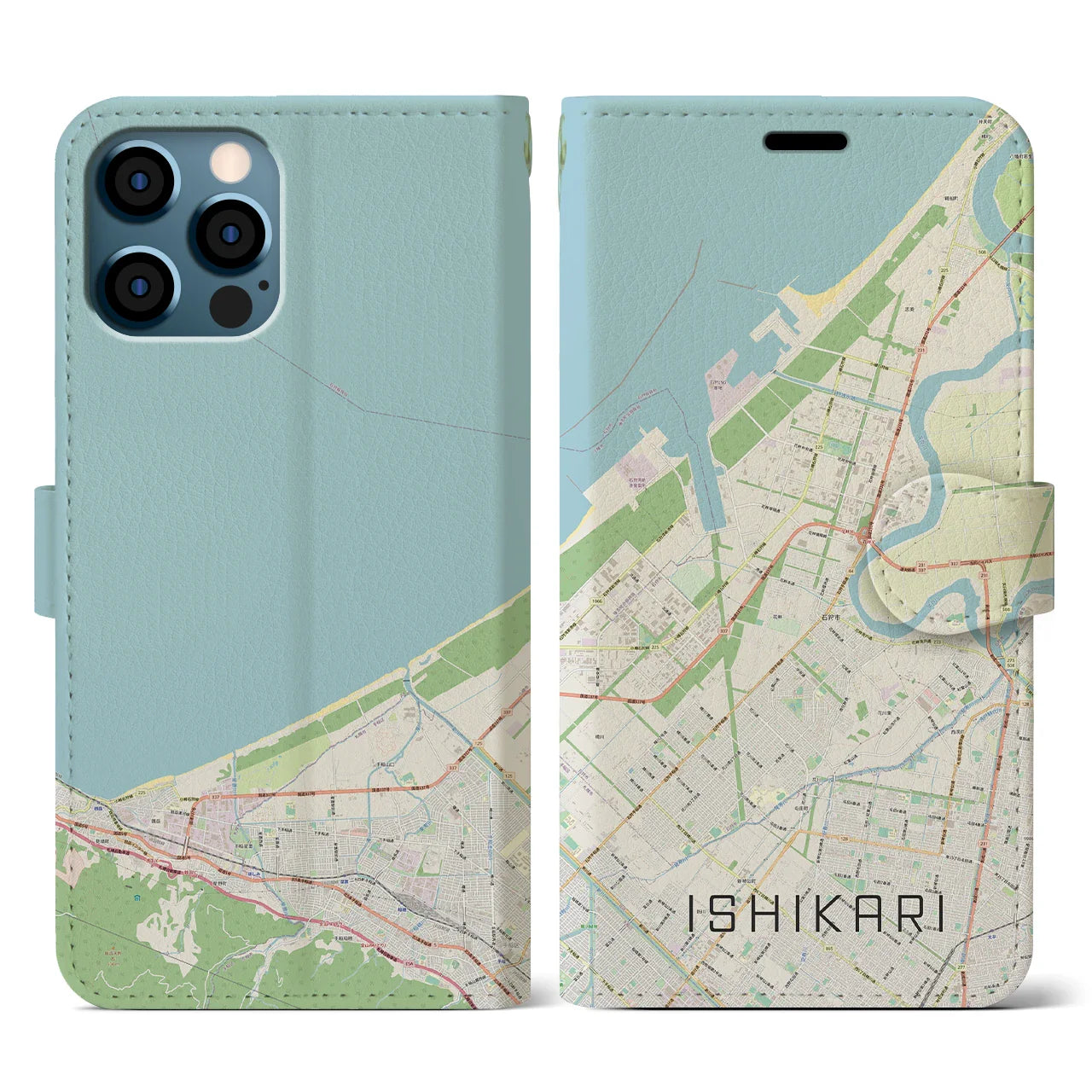 【石狩(北海道)】地図柄iPhoneケース(手帳タイプ)ナチュラル・iPhone 12 / 12 Pro 用