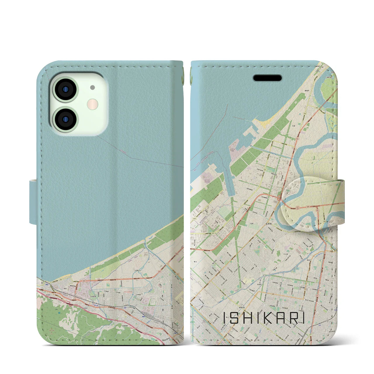 【石狩(北海道)】地図柄iPhoneケース(手帳タイプ)ナチュラル・iPhone 12 mini 用