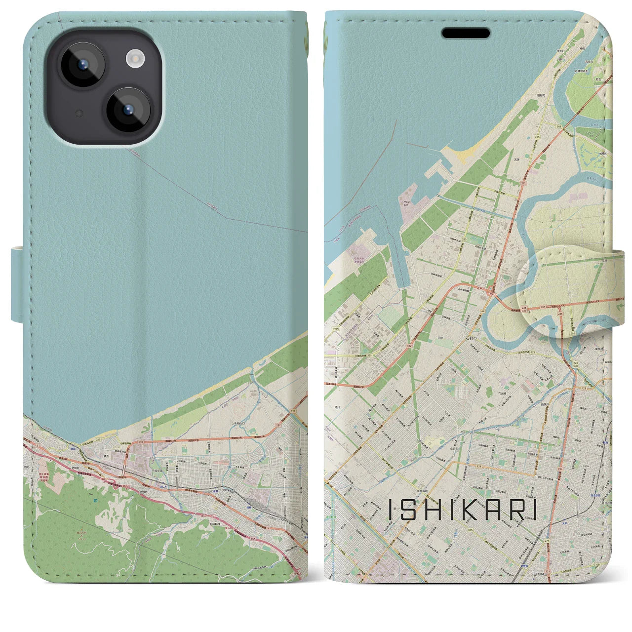 【石狩(北海道)】地図柄iPhoneケース(手帳タイプ)ナチュラル・iPhone 14 Plus 用