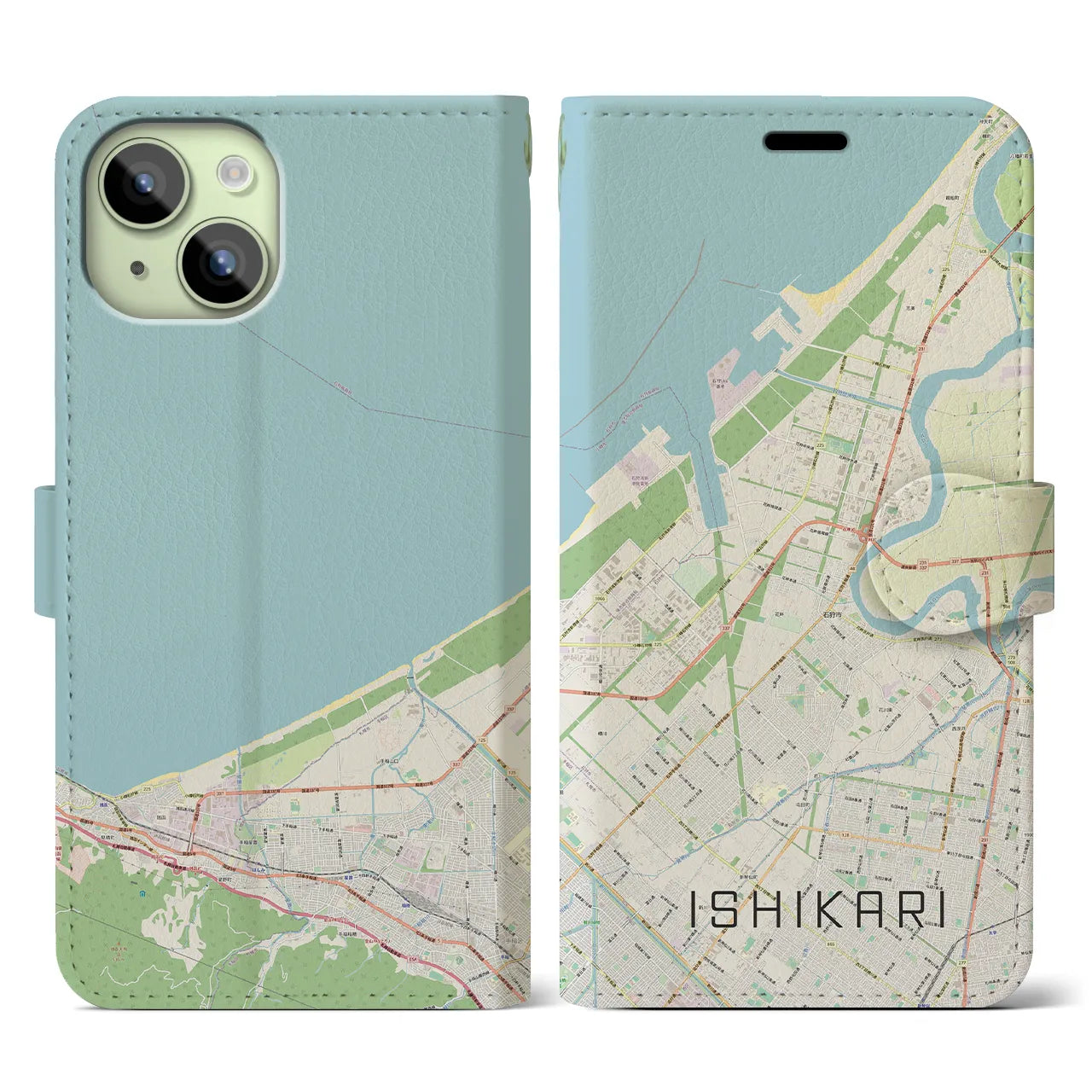 【石狩(北海道)】地図柄iPhoneケース(手帳タイプ)ナチュラル・iPhone 15 用