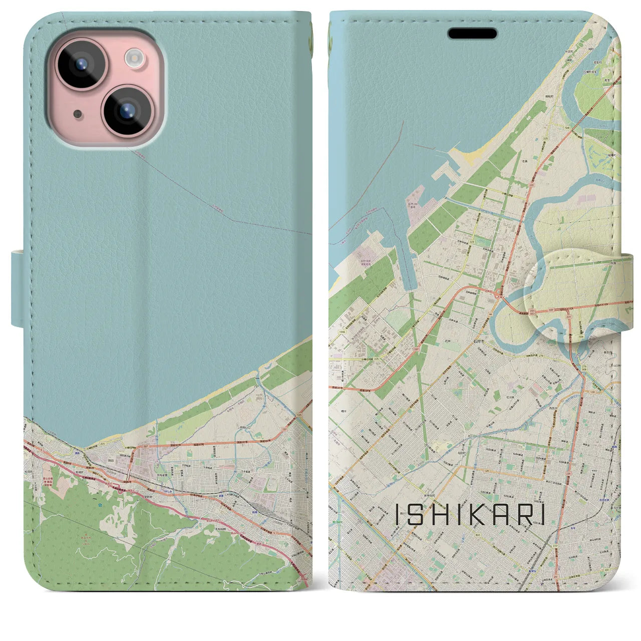 【石狩(北海道)】地図柄iPhoneケース(手帳タイプ)ナチュラル・iPhone 15 Plus 用
