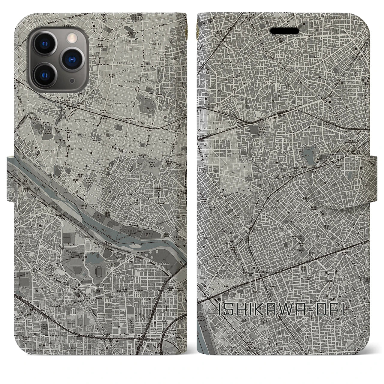 【石川台(東京都)】地図柄iPhoneケース(手帳タイプ)モノトーン・iPhone 11 Pro Max 用
