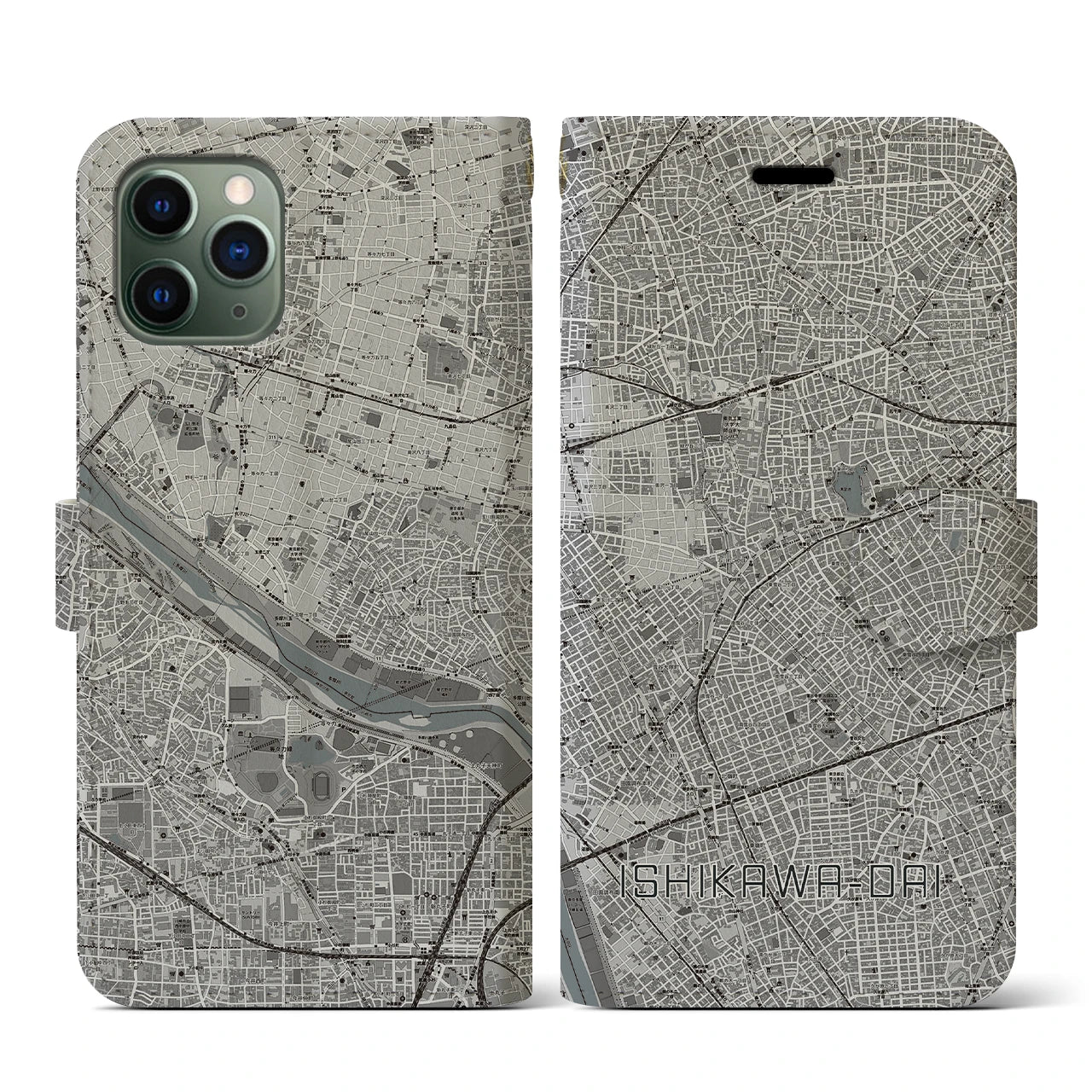 【石川台(東京都)】地図柄iPhoneケース(手帳タイプ)モノトーン・iPhone 11 Pro 用