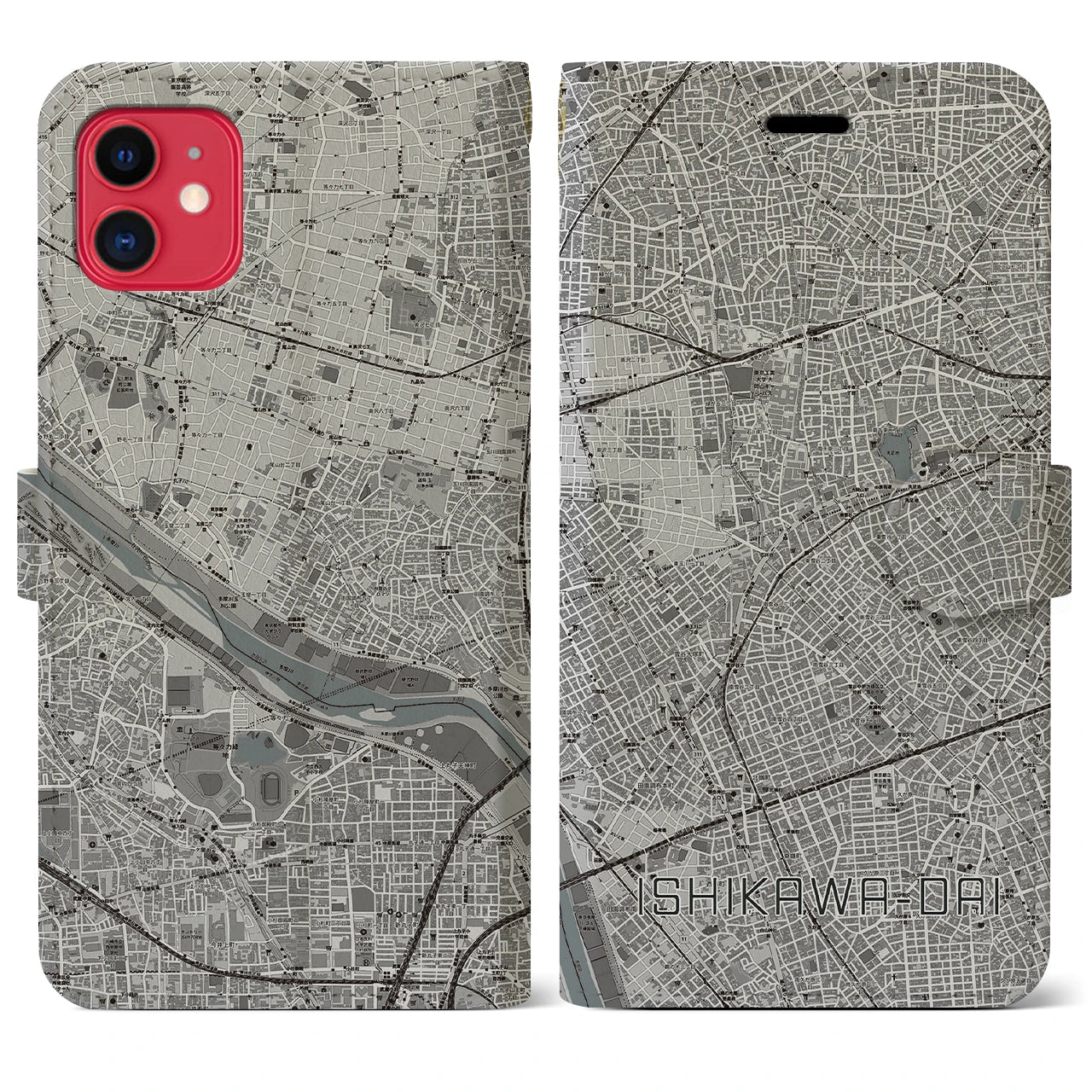 【石川台(東京都)】地図柄iPhoneケース(手帳タイプ)モノトーン・iPhone 11 用
