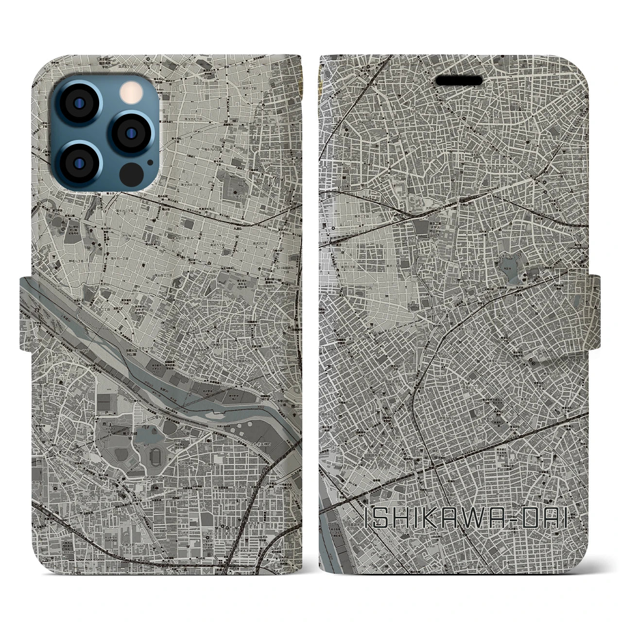 【石川台(東京都)】地図柄iPhoneケース(手帳タイプ)モノトーン・iPhone 12 / 12 Pro 用