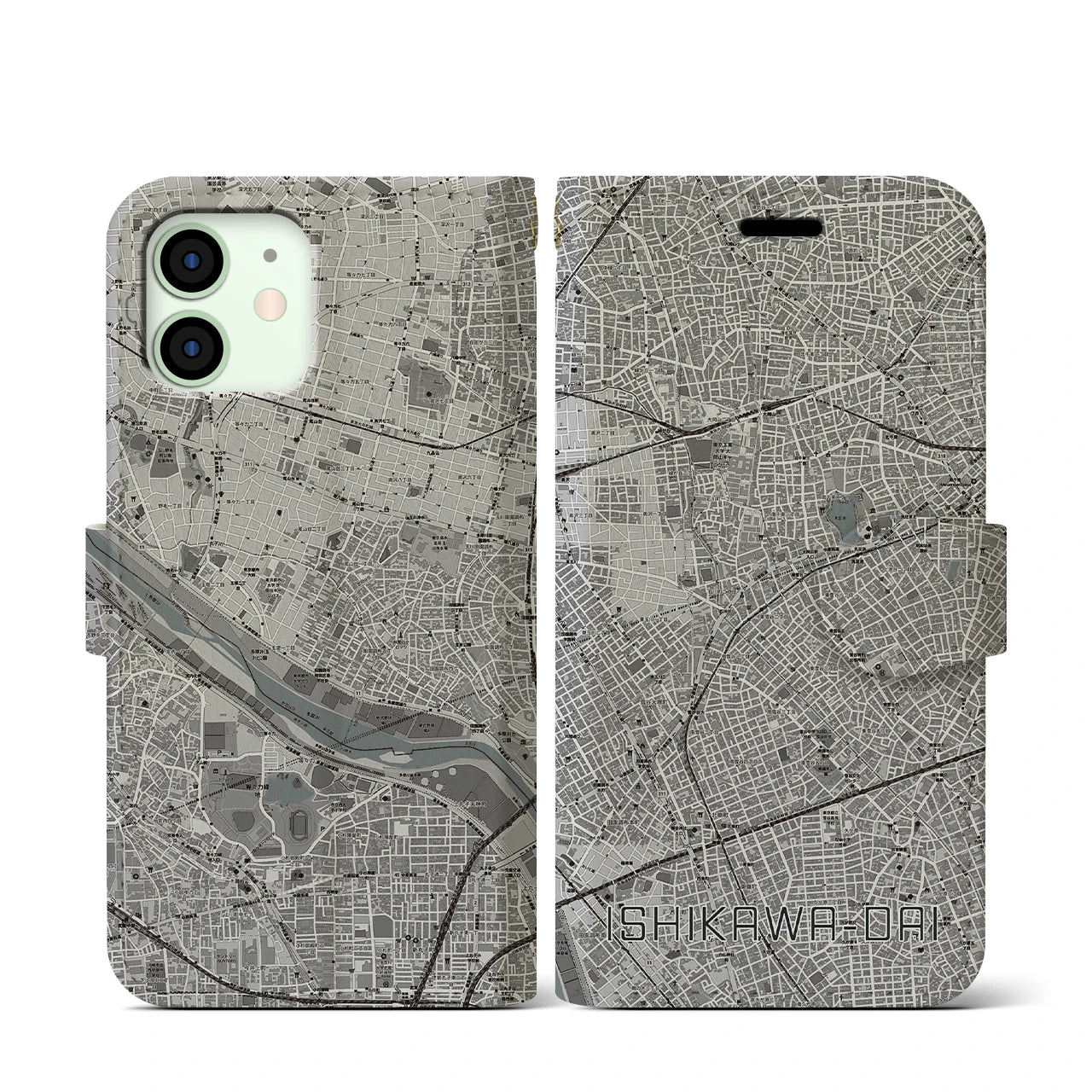 【石川台(東京都)】地図柄iPhoneケース(手帳タイプ)モノトーン・iPhone 12 mini 用