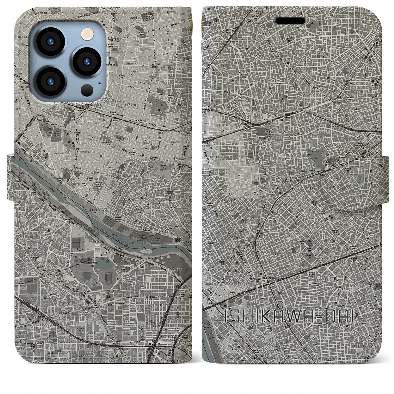 【石川台(東京都)】地図柄iPhoneケース(手帳タイプ)モノトーン・iPhone 13 Pro Max 用
