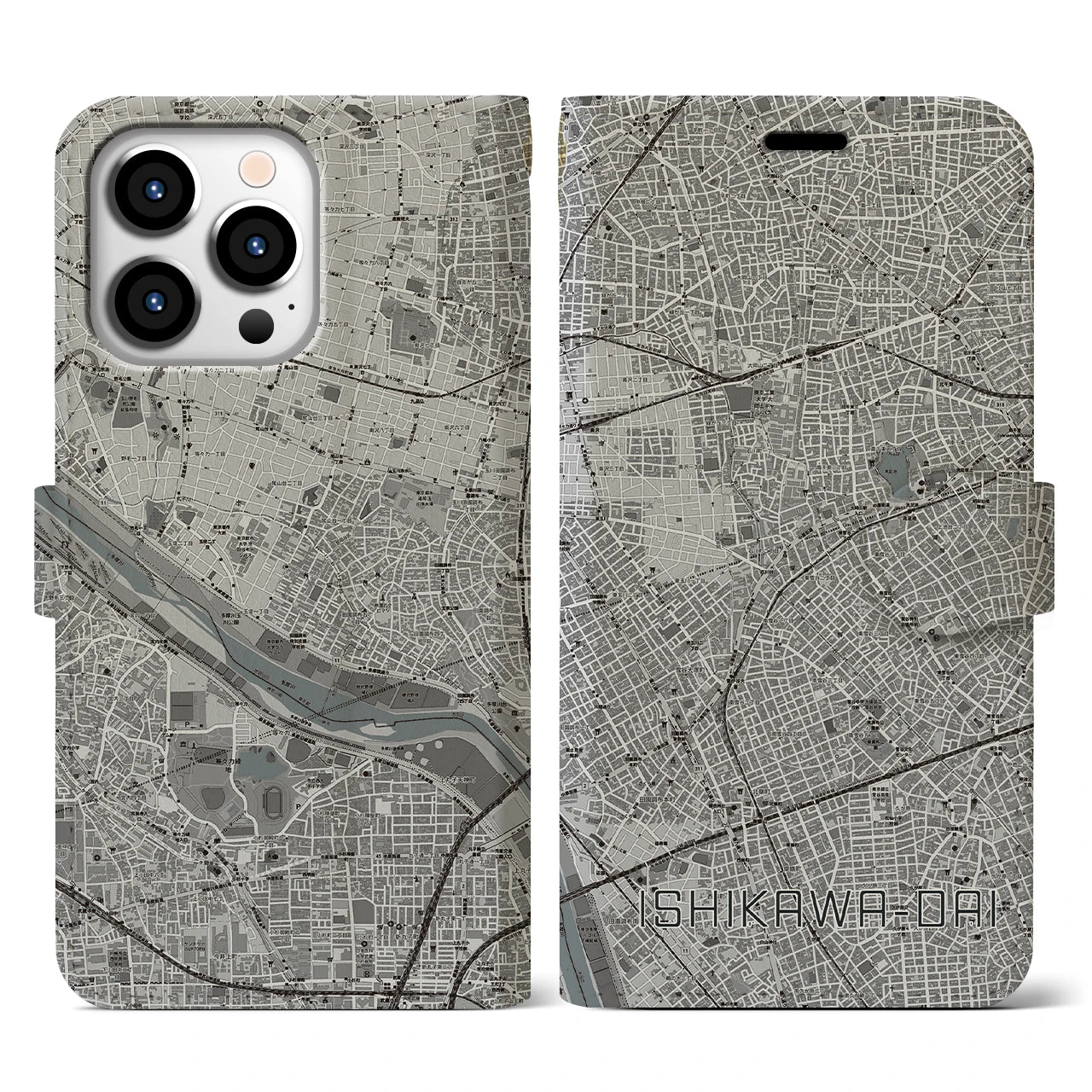 【石川台(東京都)】地図柄iPhoneケース(手帳タイプ)モノトーン・iPhone 13 Pro 用