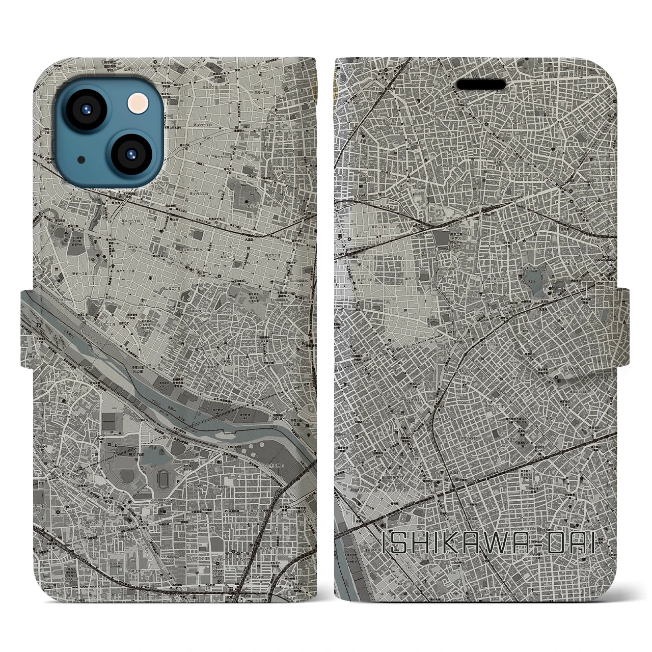 【石川台(東京都)】地図柄iPhoneケース(手帳タイプ)モノトーン・iPhone 13 用