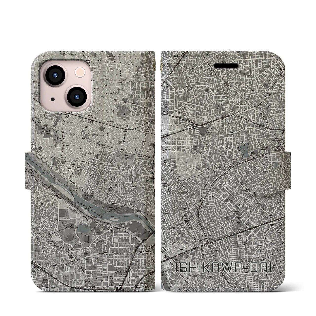 【石川台(東京都)】地図柄iPhoneケース(手帳タイプ)モノトーン・iPhone 13 mini 用