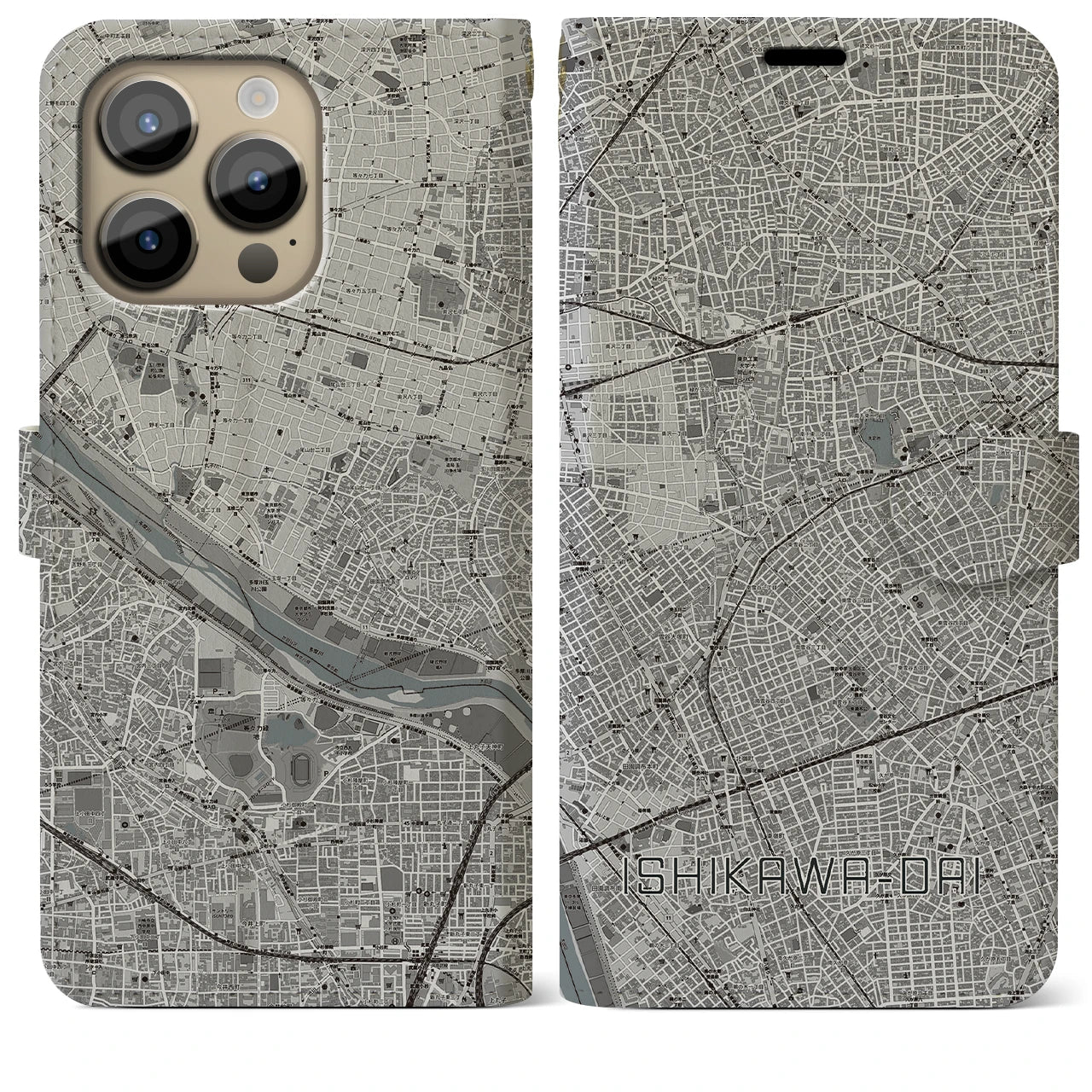 【石川台(東京都)】地図柄iPhoneケース(手帳タイプ)モノトーン・iPhone 14 Pro Max 用