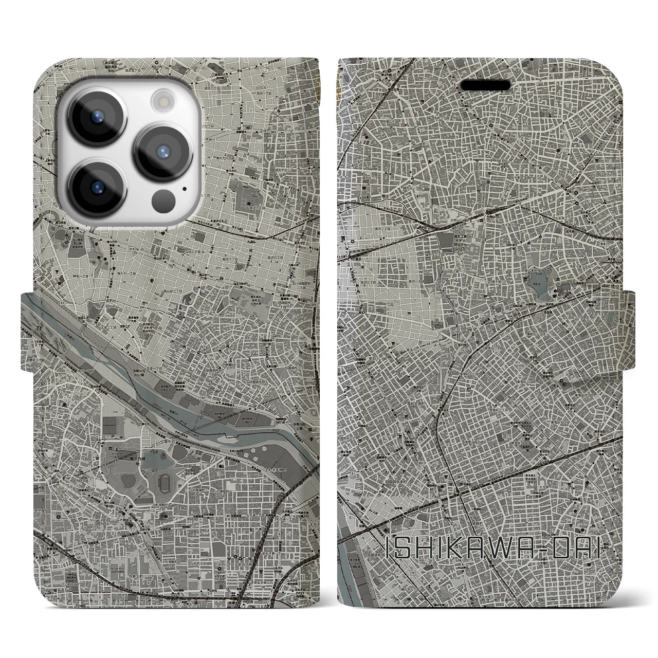 【石川台(東京都)】地図柄iPhoneケース(手帳タイプ)モノトーン・iPhone 14 Pro 用