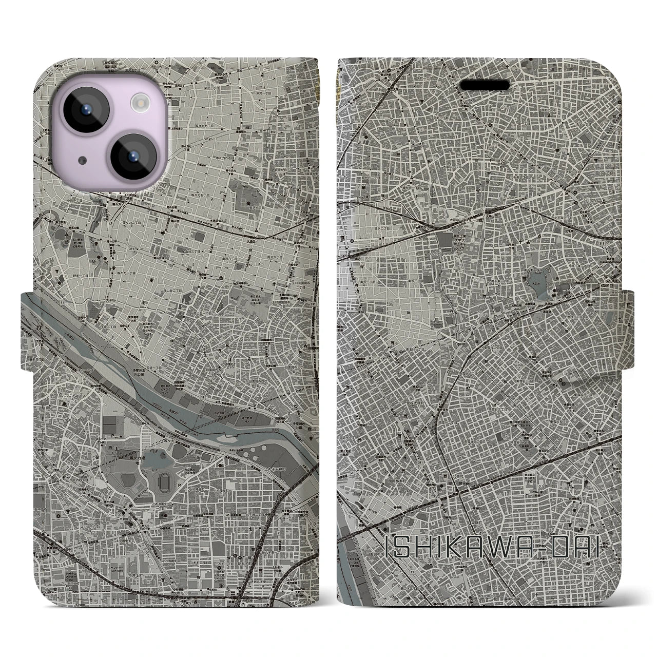 【石川台(東京都)】地図柄iPhoneケース(手帳タイプ)モノトーン・iPhone 14 用