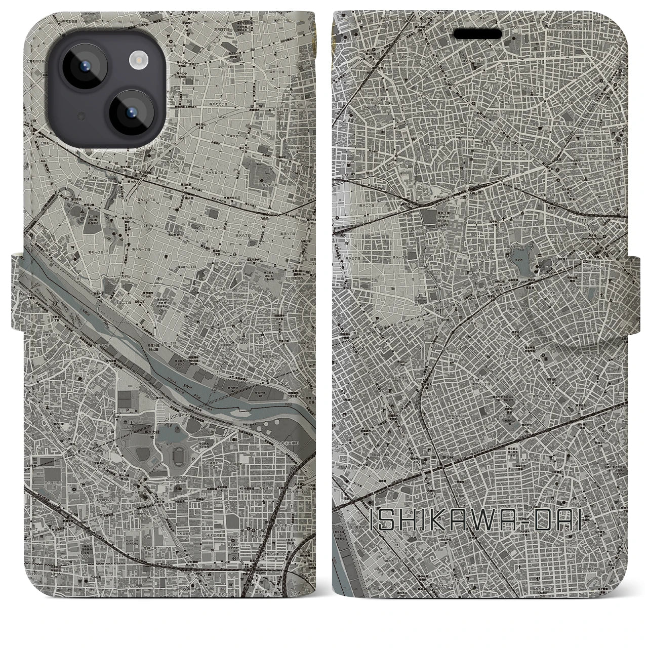 【石川台(東京都)】地図柄iPhoneケース(手帳タイプ)モノトーン・iPhone 14 Plus 用