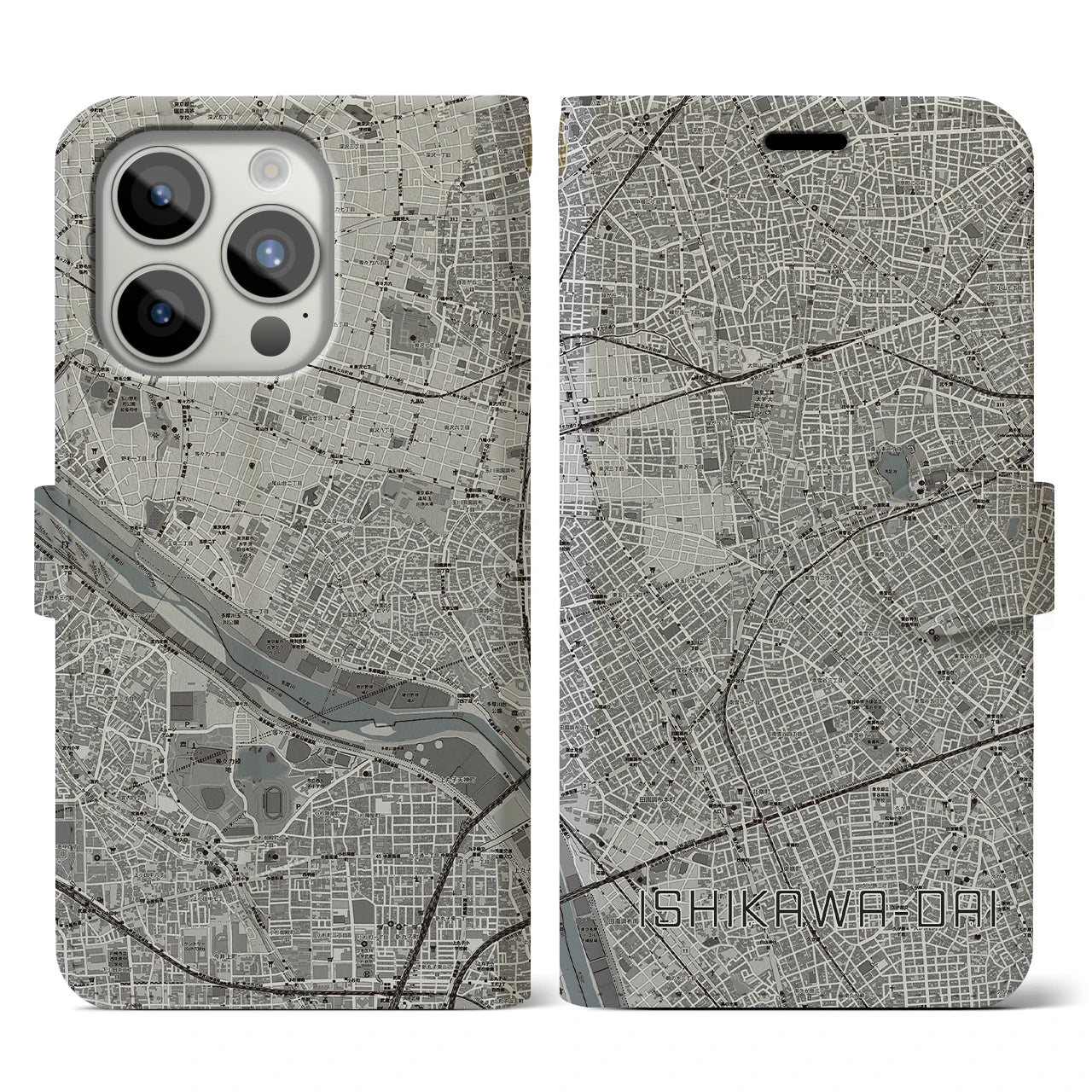 【石川台(東京都)】地図柄iPhoneケース(手帳タイプ)モノトーン・iPhone 15 Pro 用