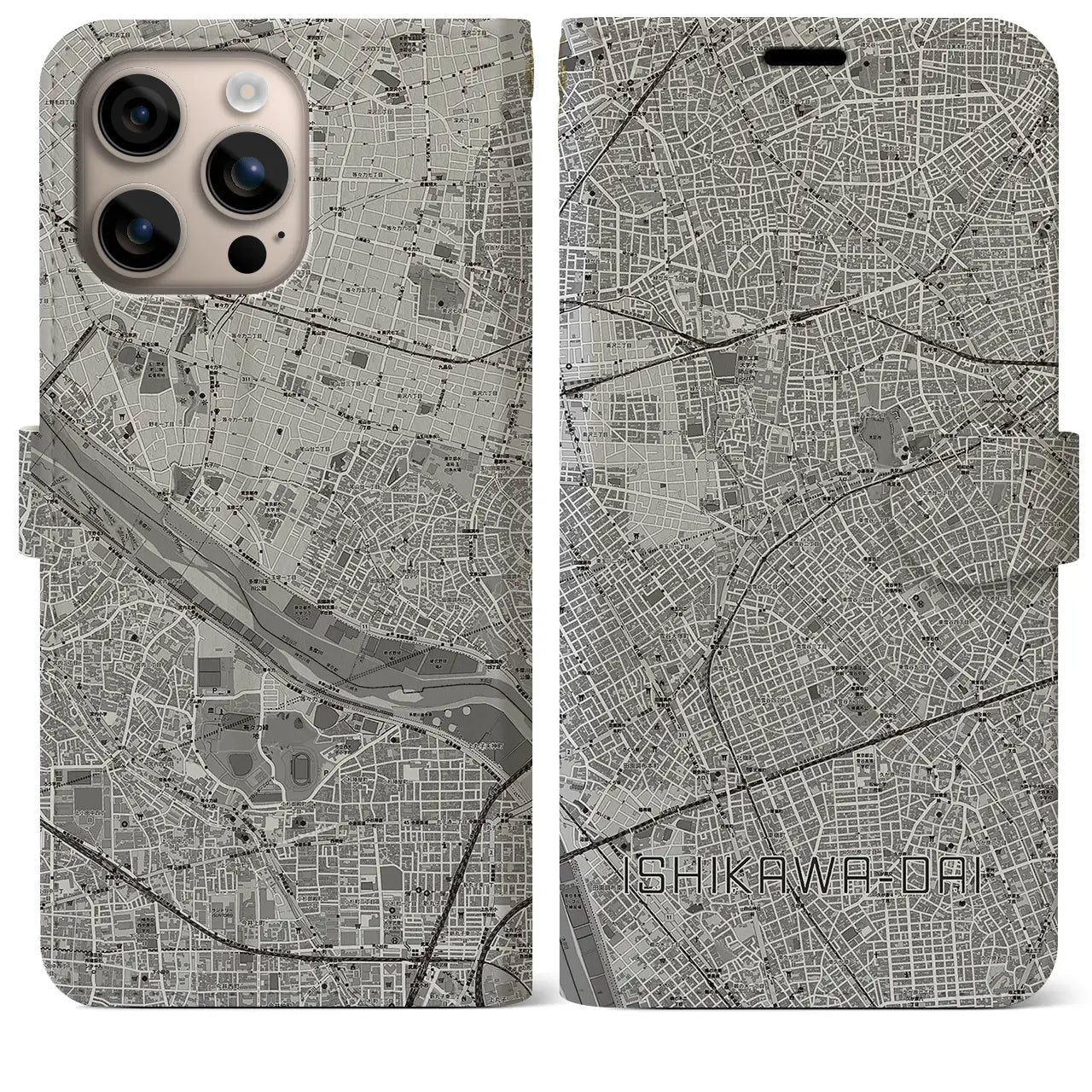 【石川台(東京都)】地図柄iPhoneケース(手帳タイプ)モノトーン・iPhone 16 Plus 用