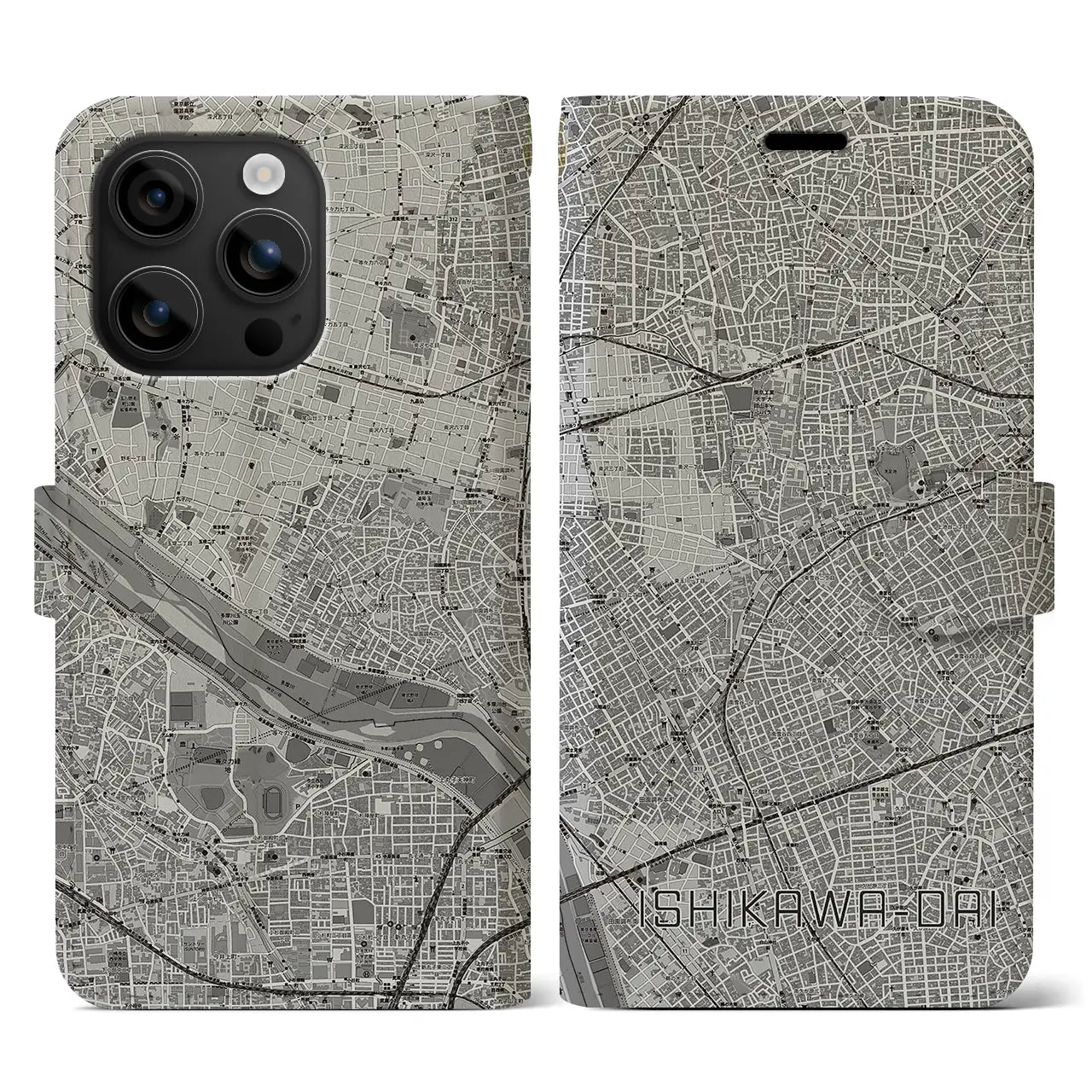 【石川台(東京都)】地図柄iPhoneケース(手帳タイプ)モノトーン・iPhone 16 用