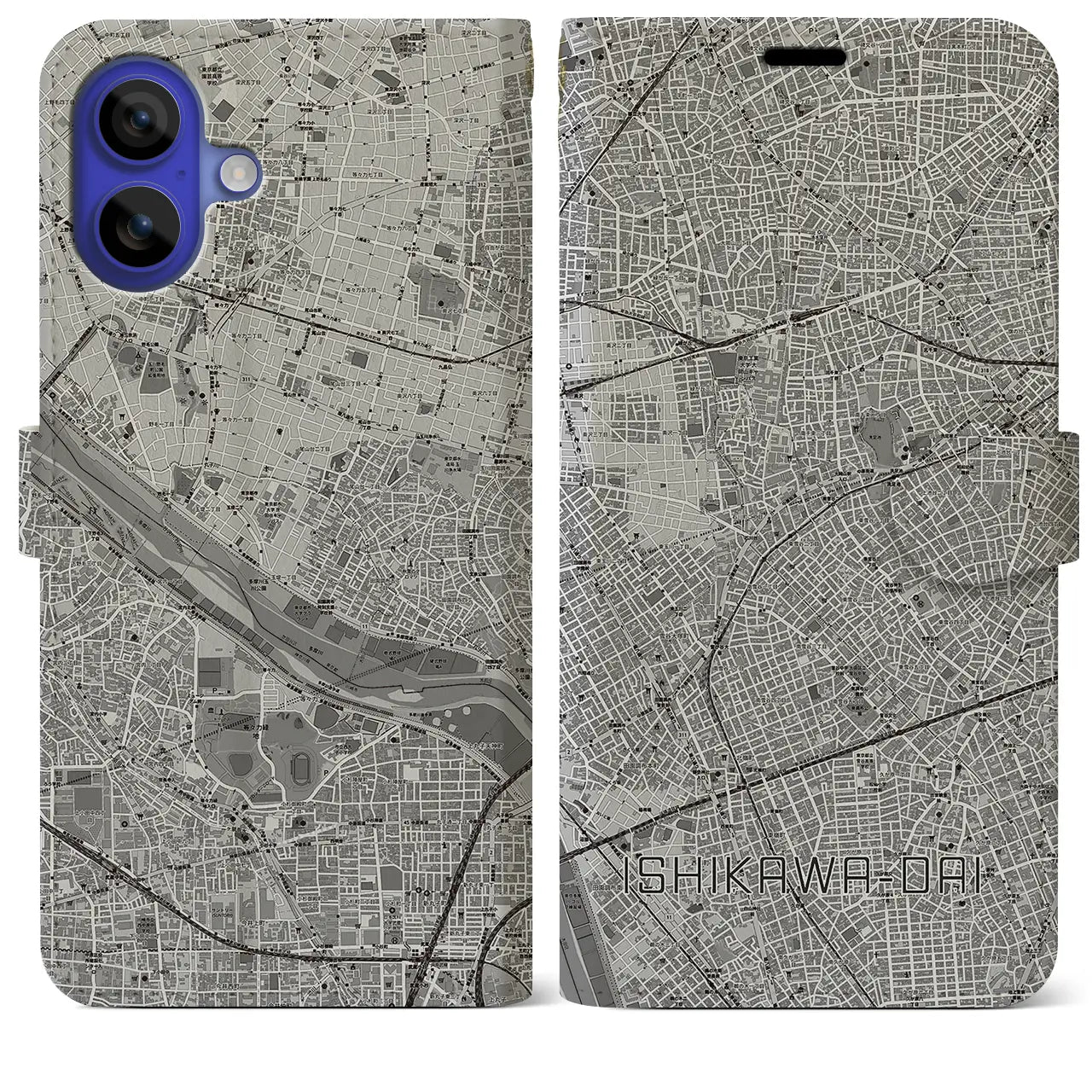 【石川台(東京都)】地図柄iPhoneケース(手帳タイプ)モノトーン・iPhone 16 Pro Max 用