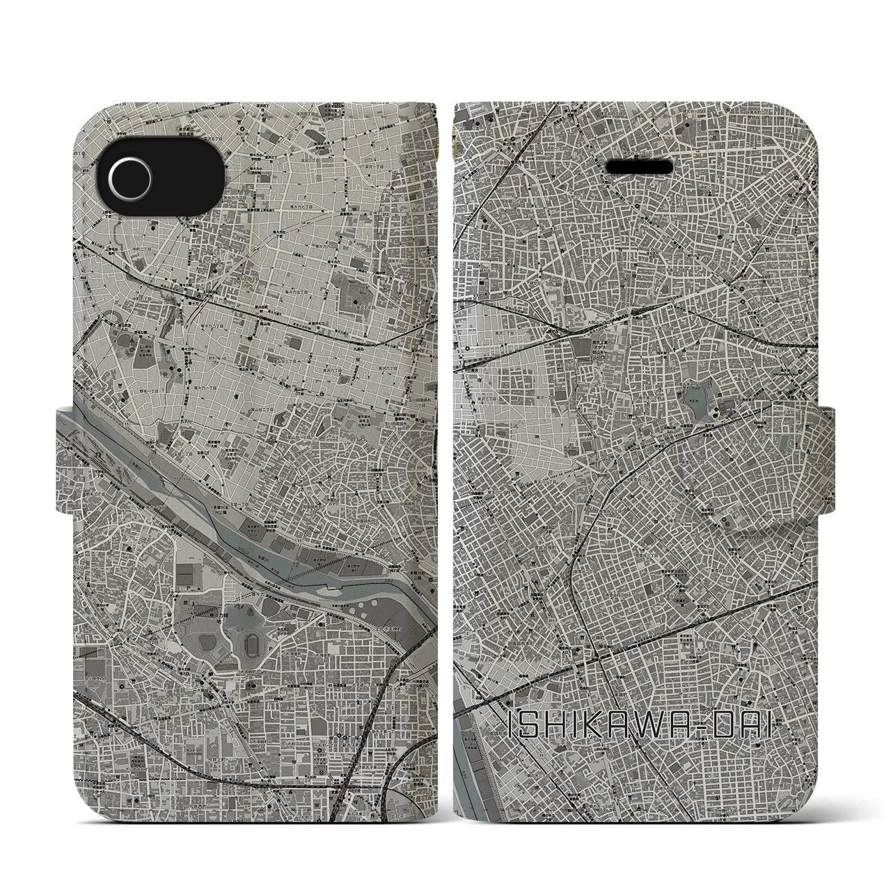 【石川台(東京都)】地図柄iPhoneケース(手帳タイプ)モノトーン・iPhone SE(第3 / 第2世代) / 8 / 7 / 6s / 6 用
