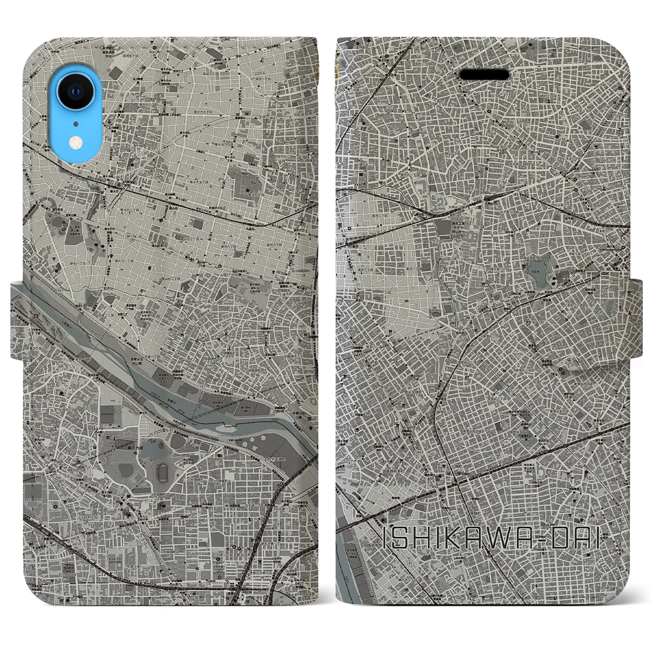 【石川台(東京都)】地図柄iPhoneケース(手帳タイプ)モノトーン・iPhone XR 用