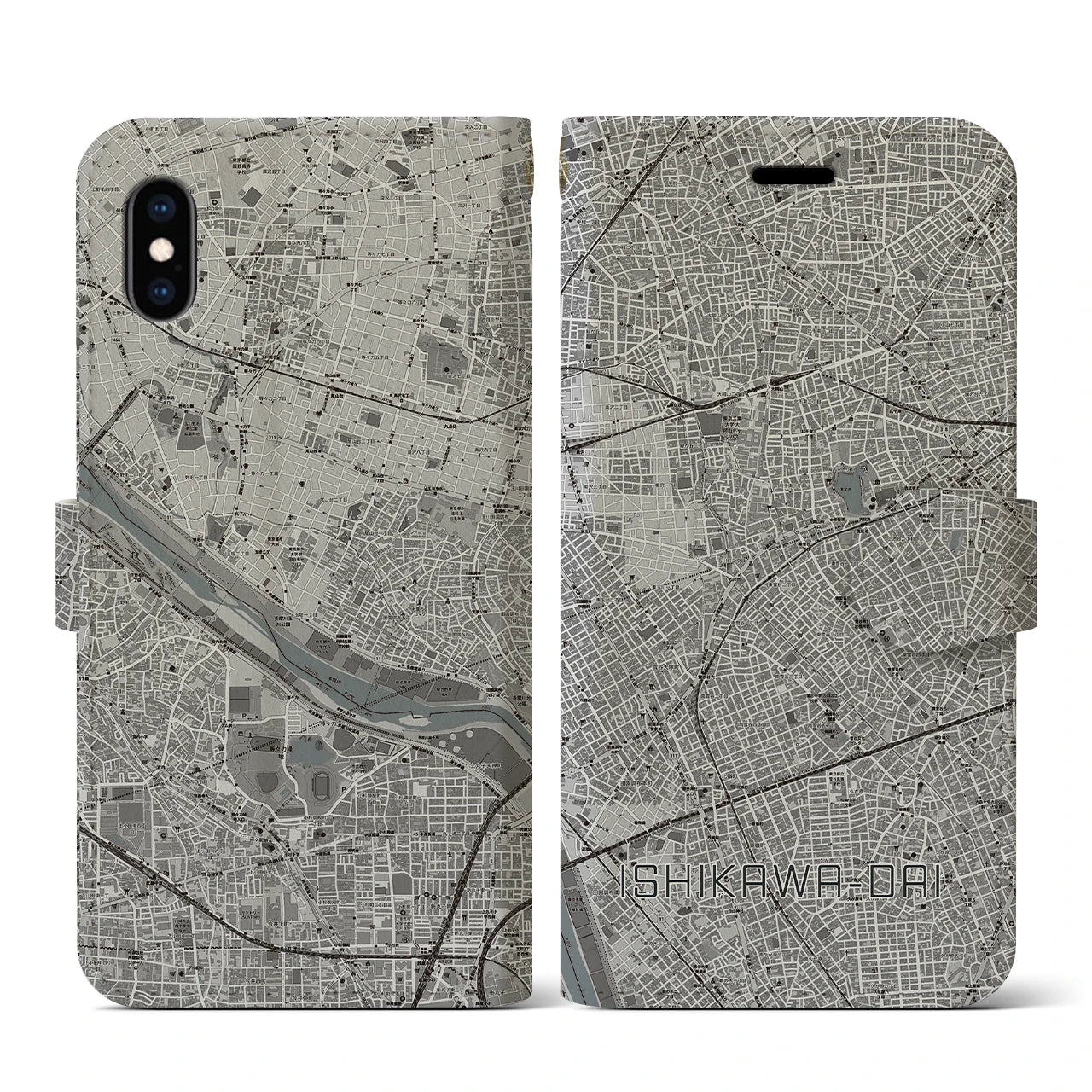 【石川台(東京都)】地図柄iPhoneケース(手帳タイプ)モノトーン・iPhone XS / X 用