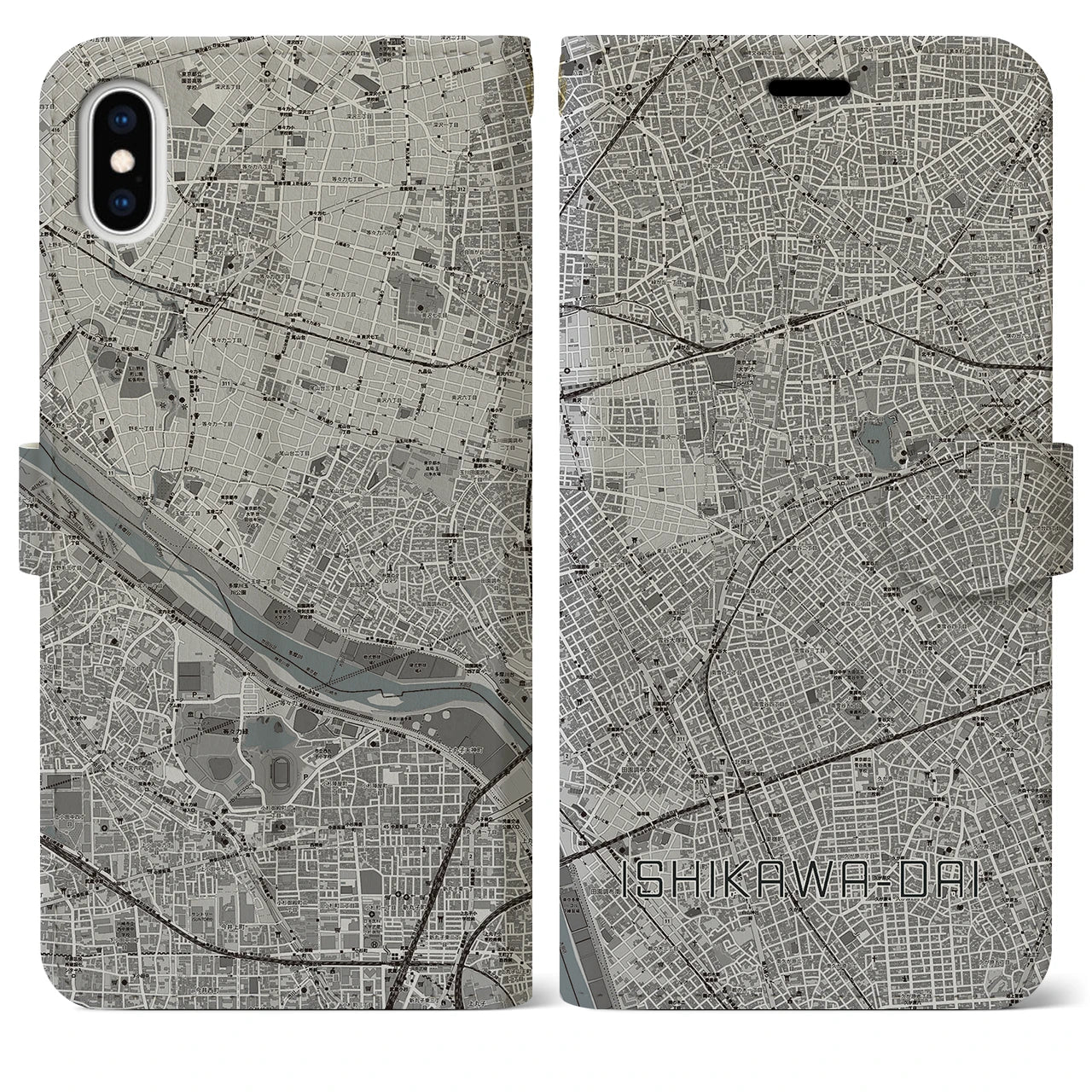 【石川台(東京都)】地図柄iPhoneケース(手帳タイプ)モノトーン・iPhone XS Max 用