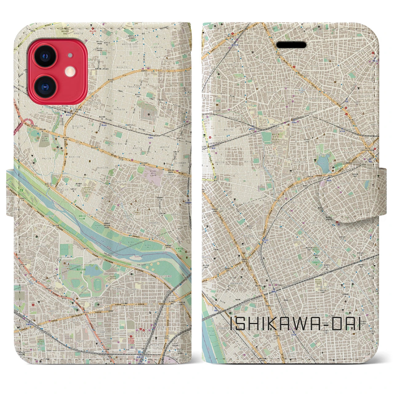 【石川台(東京都)】地図柄iPhoneケース(手帳タイプ)ナチュラル・iPhone 11 用