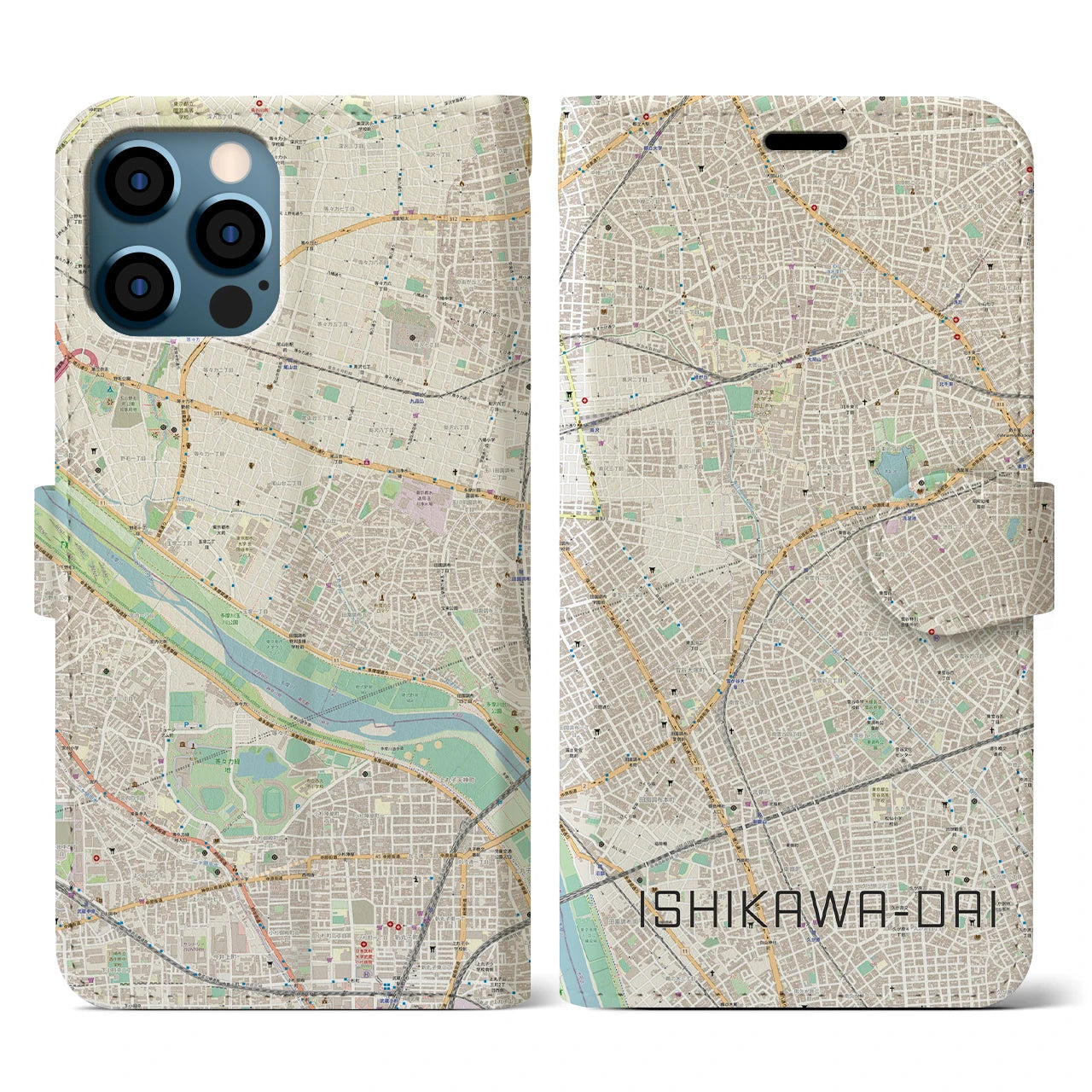 【石川台(東京都)】地図柄iPhoneケース(手帳タイプ)ナチュラル・iPhone 12 / 12 Pro 用