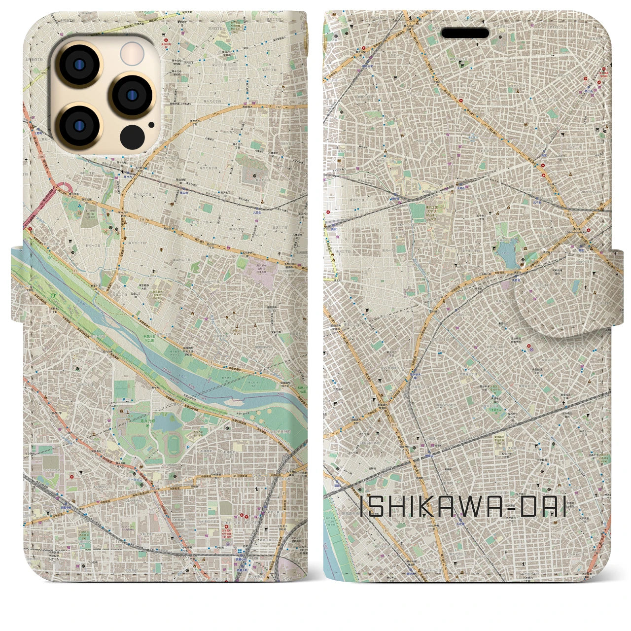 【石川台(東京都)】地図柄iPhoneケース(手帳タイプ)ナチュラル・iPhone 12 Pro Max 用