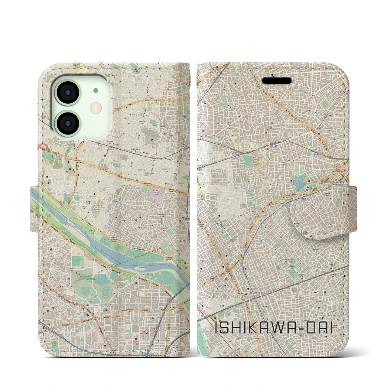 【石川台(東京都)】地図柄iPhoneケース(手帳タイプ)ナチュラル・iPhone 12 mini 用