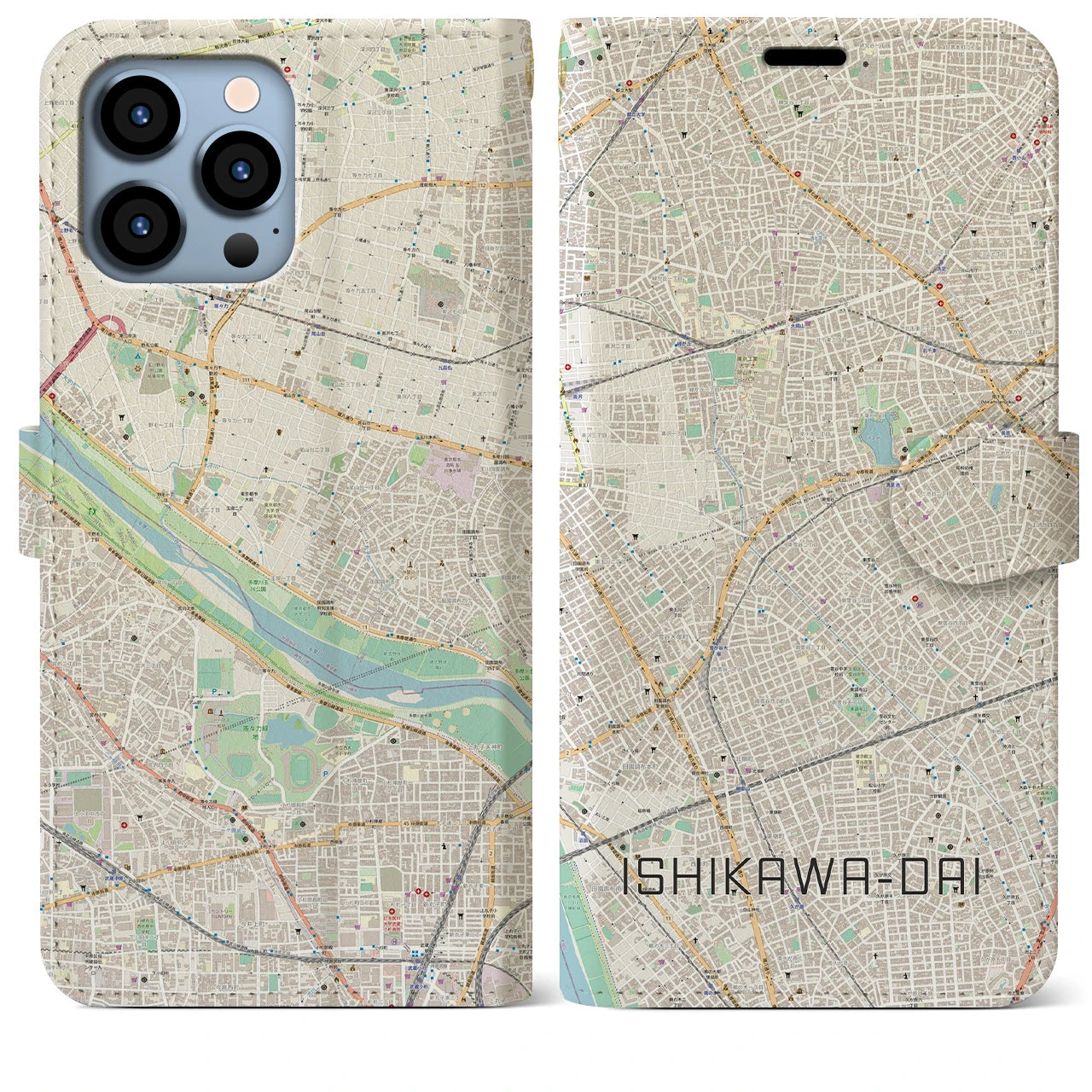 【石川台(東京都)】地図柄iPhoneケース(手帳タイプ)ナチュラル・iPhone 13 Pro Max 用