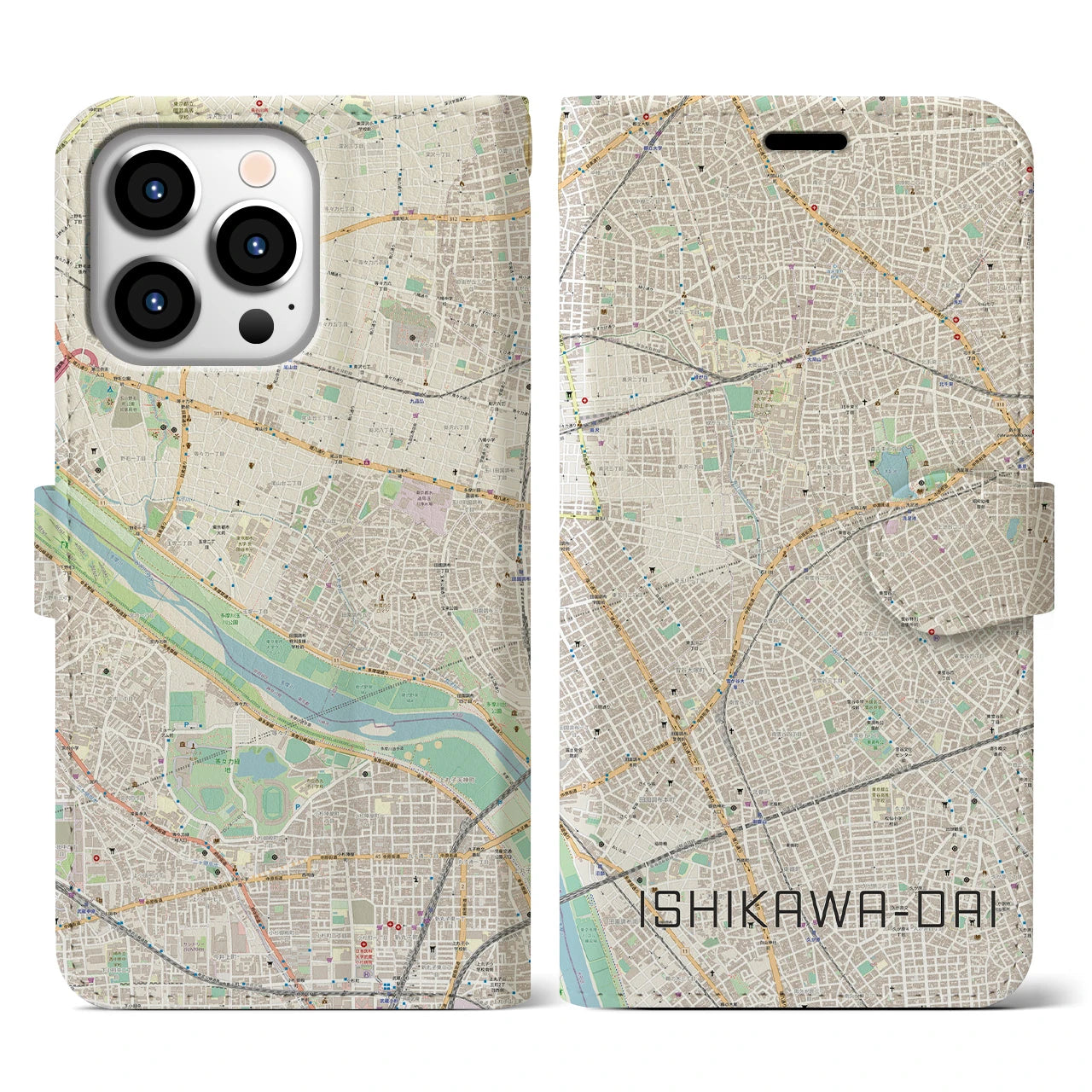 【石川台(東京都)】地図柄iPhoneケース(手帳タイプ)ナチュラル・iPhone 13 Pro 用